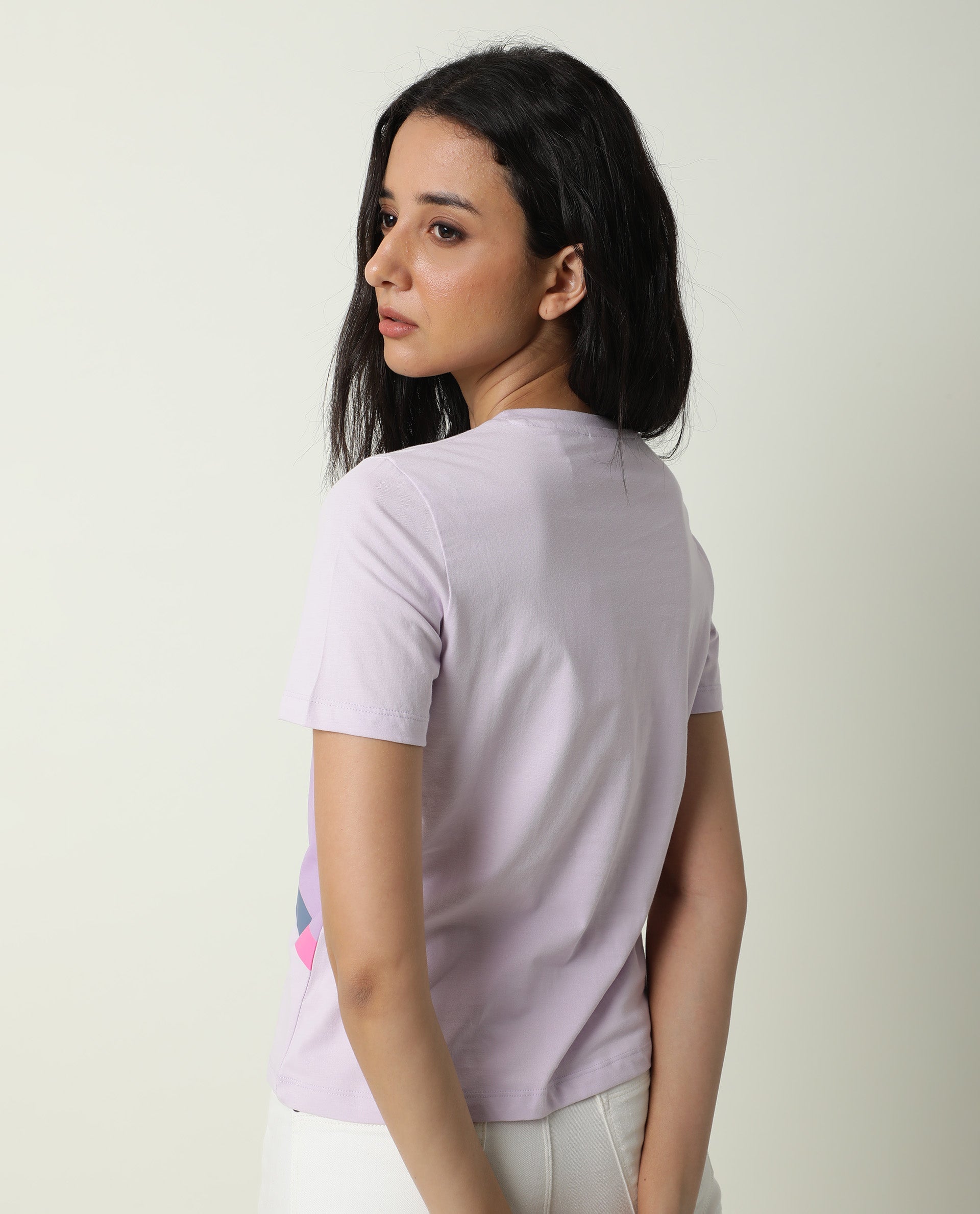 Rareism Women Jeweli Light Pink Cotton Fabric Regular Fit Half Sleeves Graphic Print Crew Neck T-Shirt