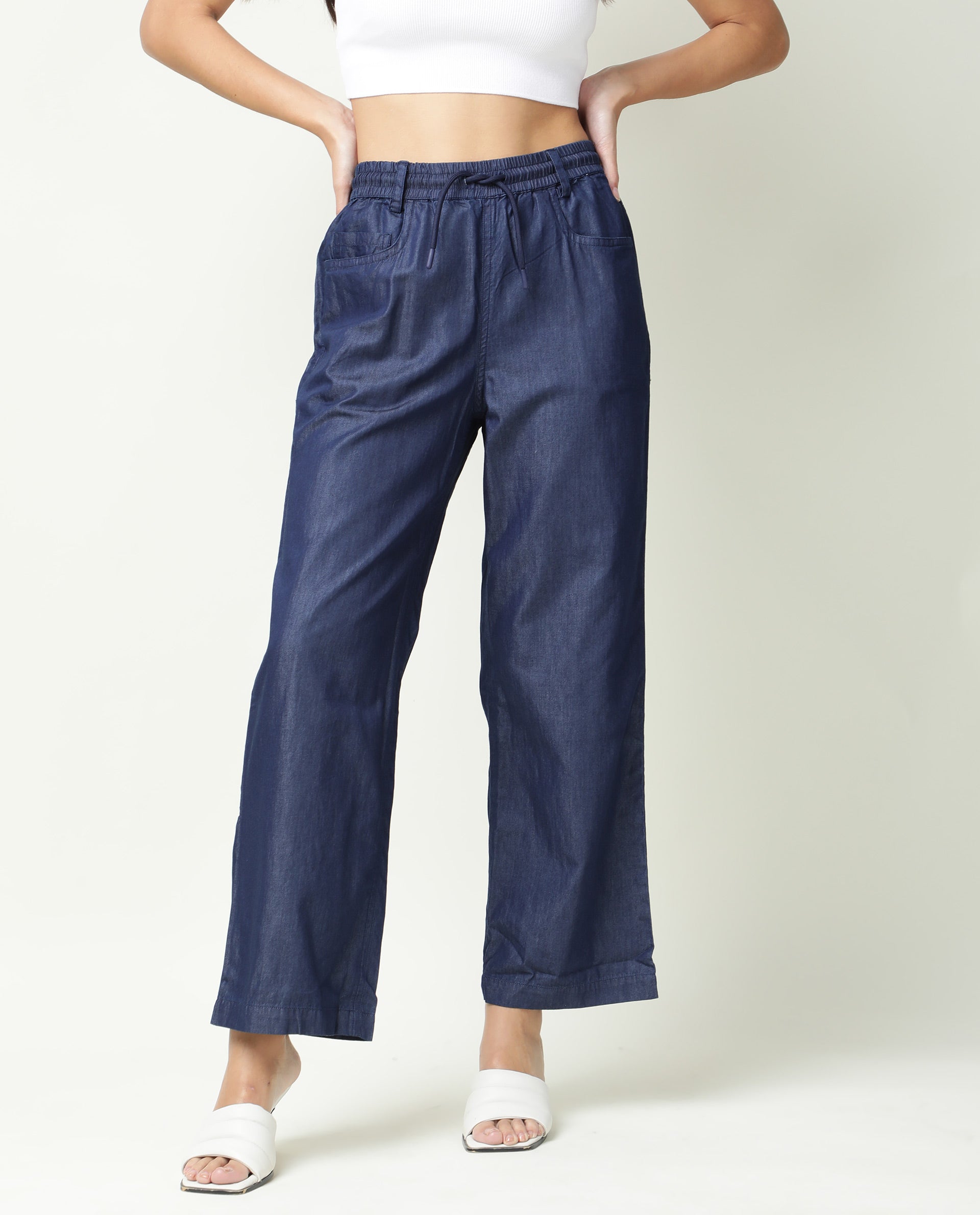 Rareism Women Lipo Navy Tencel Fabric Relaxed Fit High Rise Solid Ankle Length Trousers