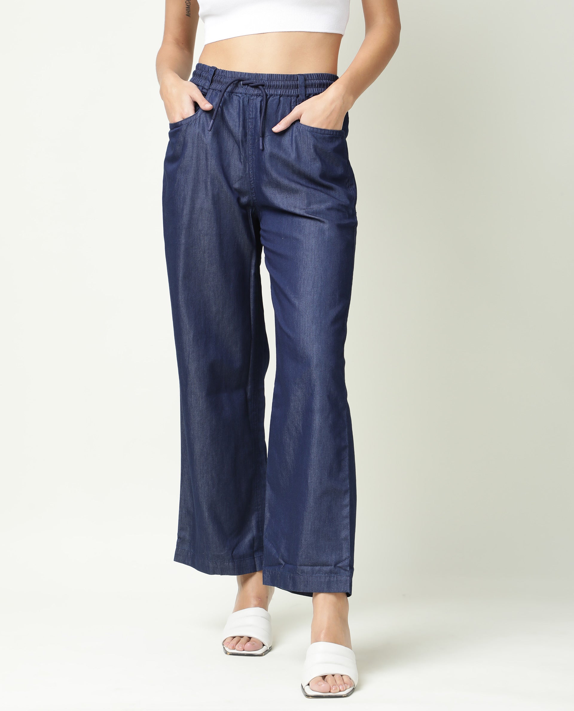 Rareism Women Lipo Navy Tencel Fabric Relaxed Fit High Rise Solid Ankle Length Trousers