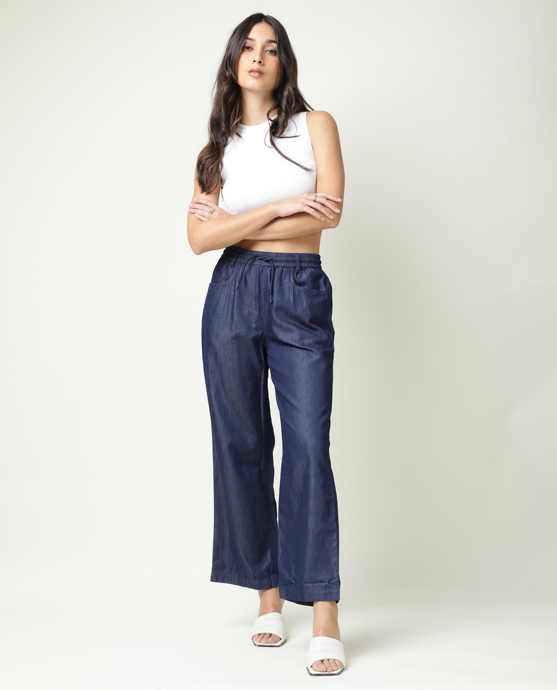 Rareism Women Lipo Navy Tencel Fabric Relaxed Fit High Rise Solid Ankle Length Trousers