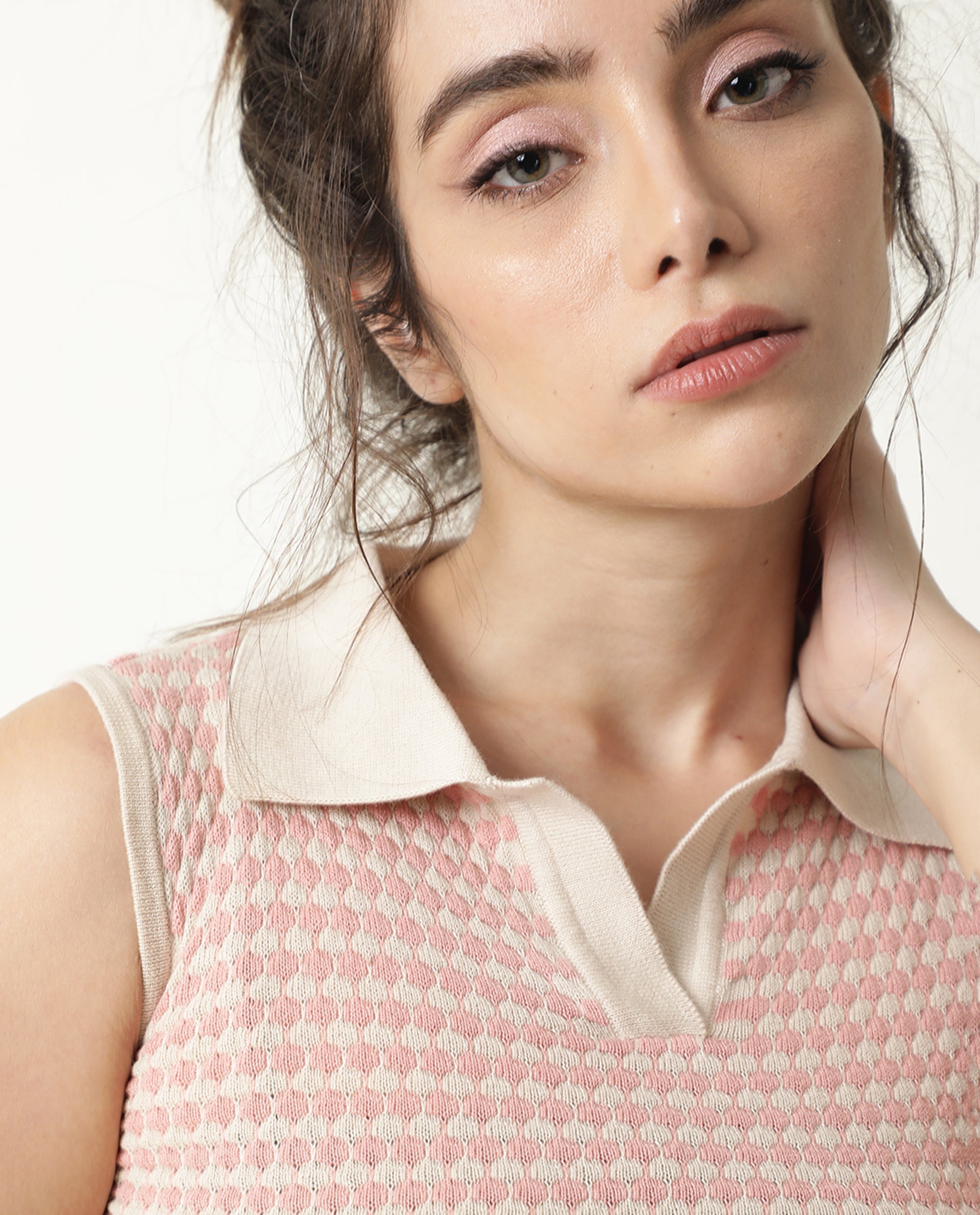 Rareism Women's Rylee Beige Cotton Spread Collar Textured Sleeveless Crop Regular Fit Sweater