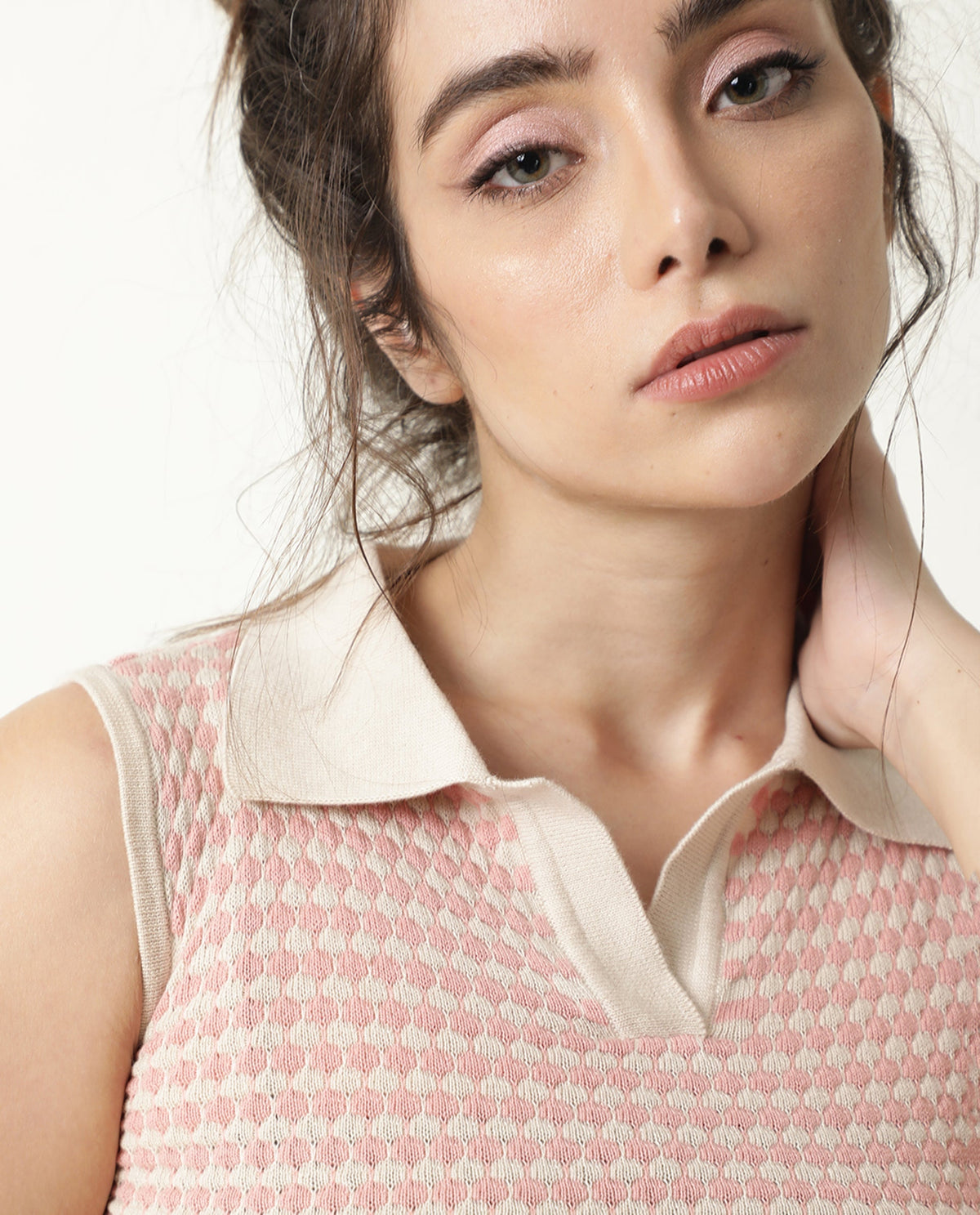 Rareism Women Rylee Beige Cotton Fabric Sleeveless Cropped Regular Fit Textured Shirt Collar Sweater
