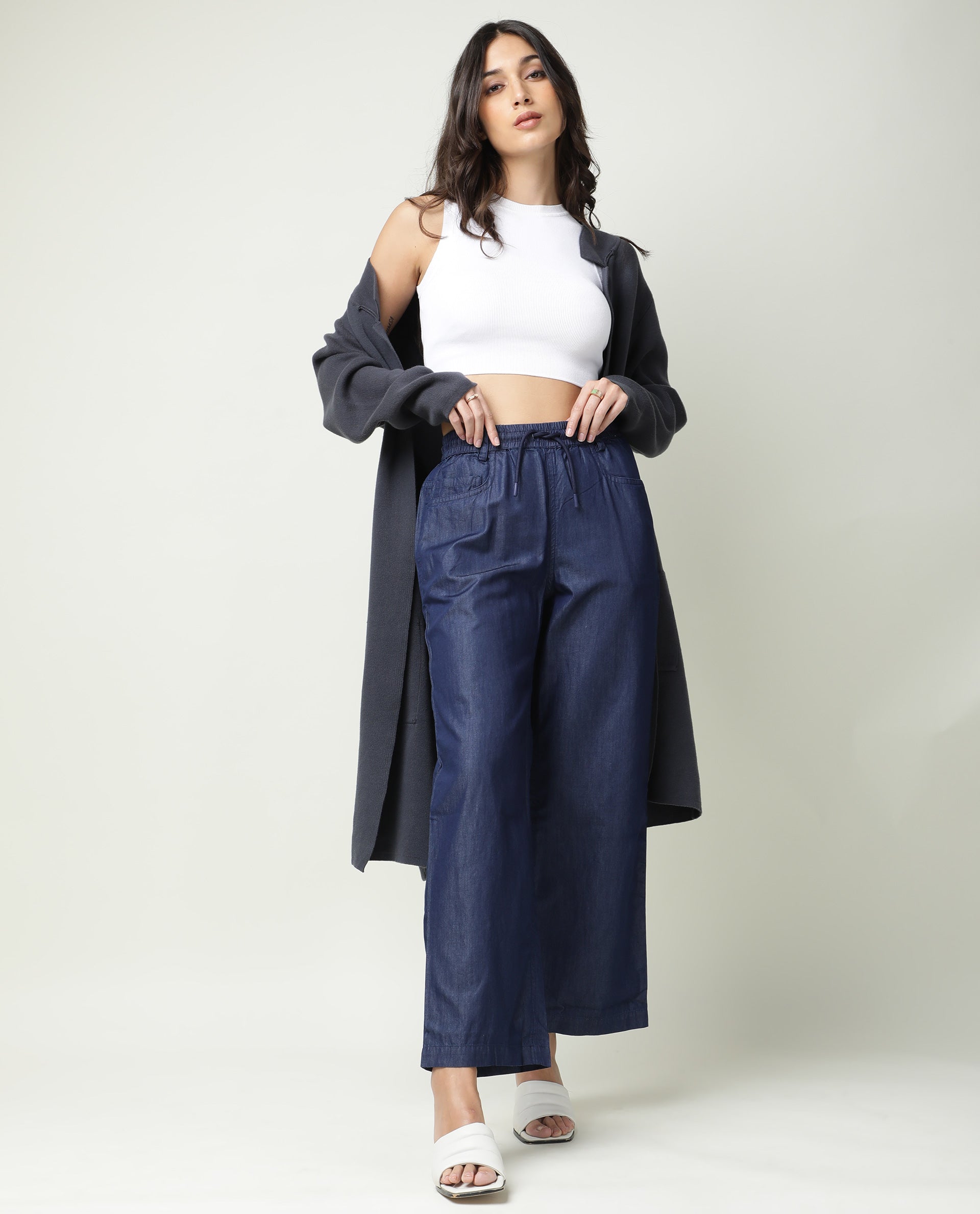 Rareism Women Lipo Navy Tencel Fabric Relaxed Fit High Rise Solid Ankle Length Trousers