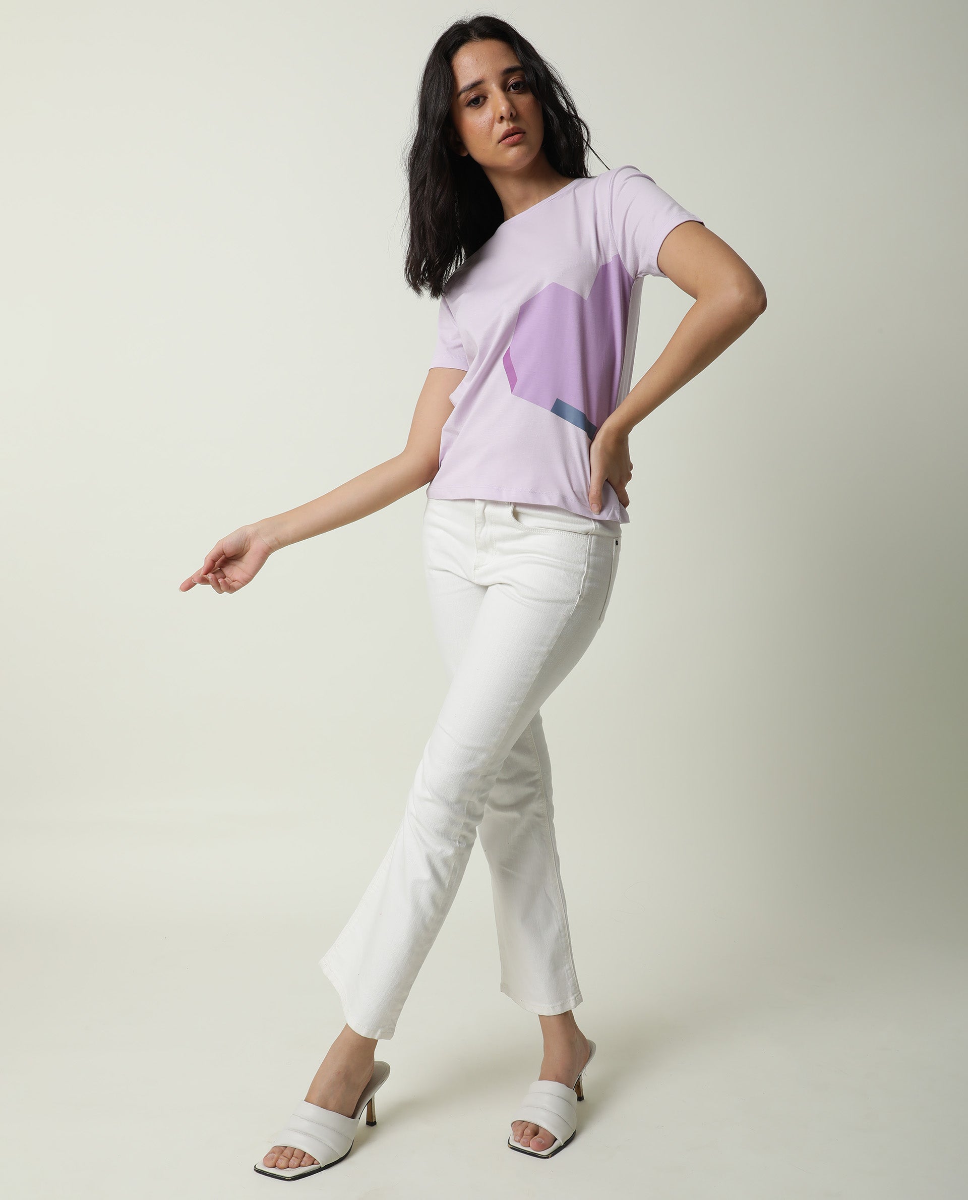 Rareism Women Jeweli Light Pink Cotton Fabric Regular Fit Half Sleeves Graphic Print Crew Neck T-Shirt