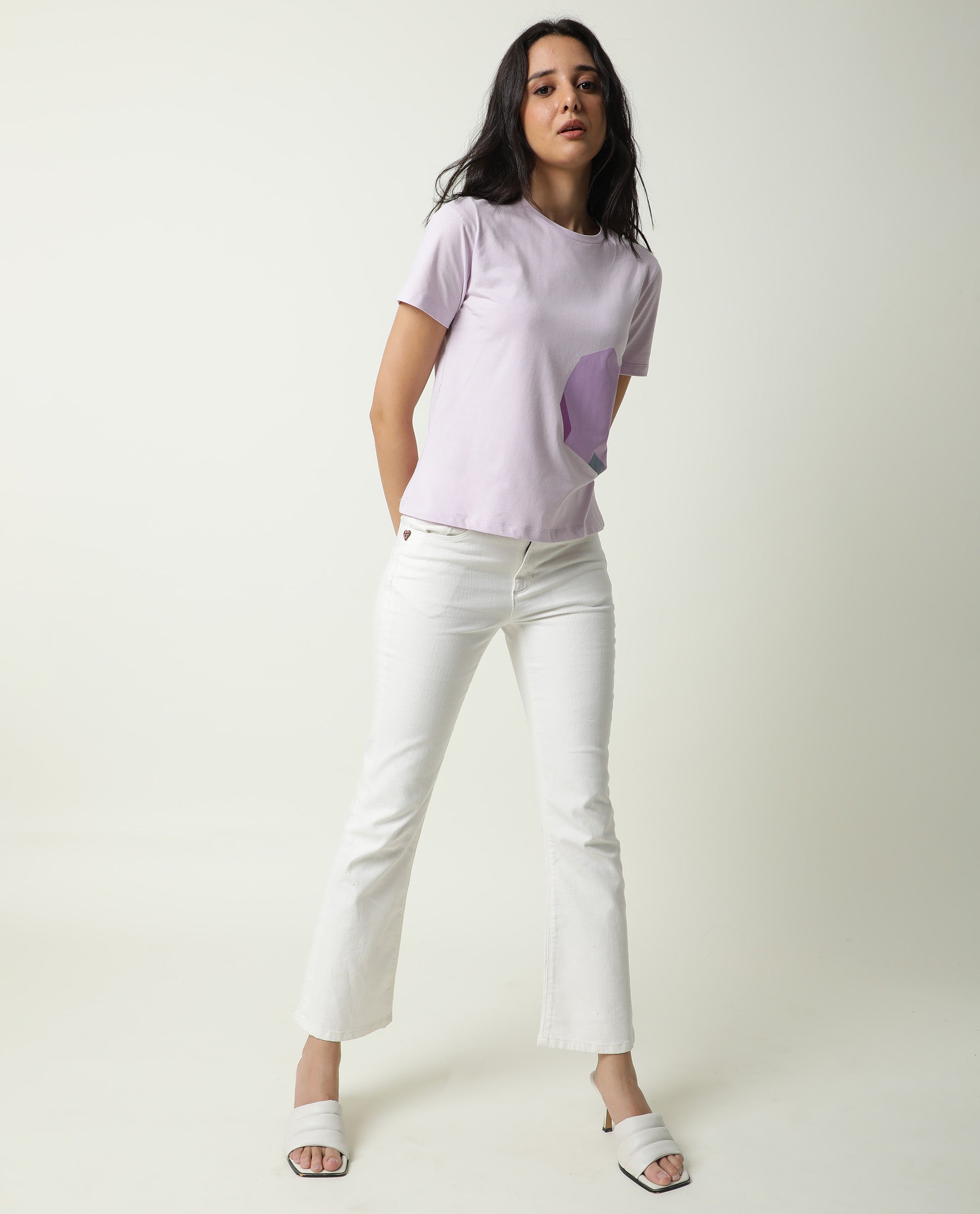 Rareism Women Jeweli Light Pink Cotton Fabric Regular Fit Half Sleeves Graphic Print Crew Neck T-Shirt