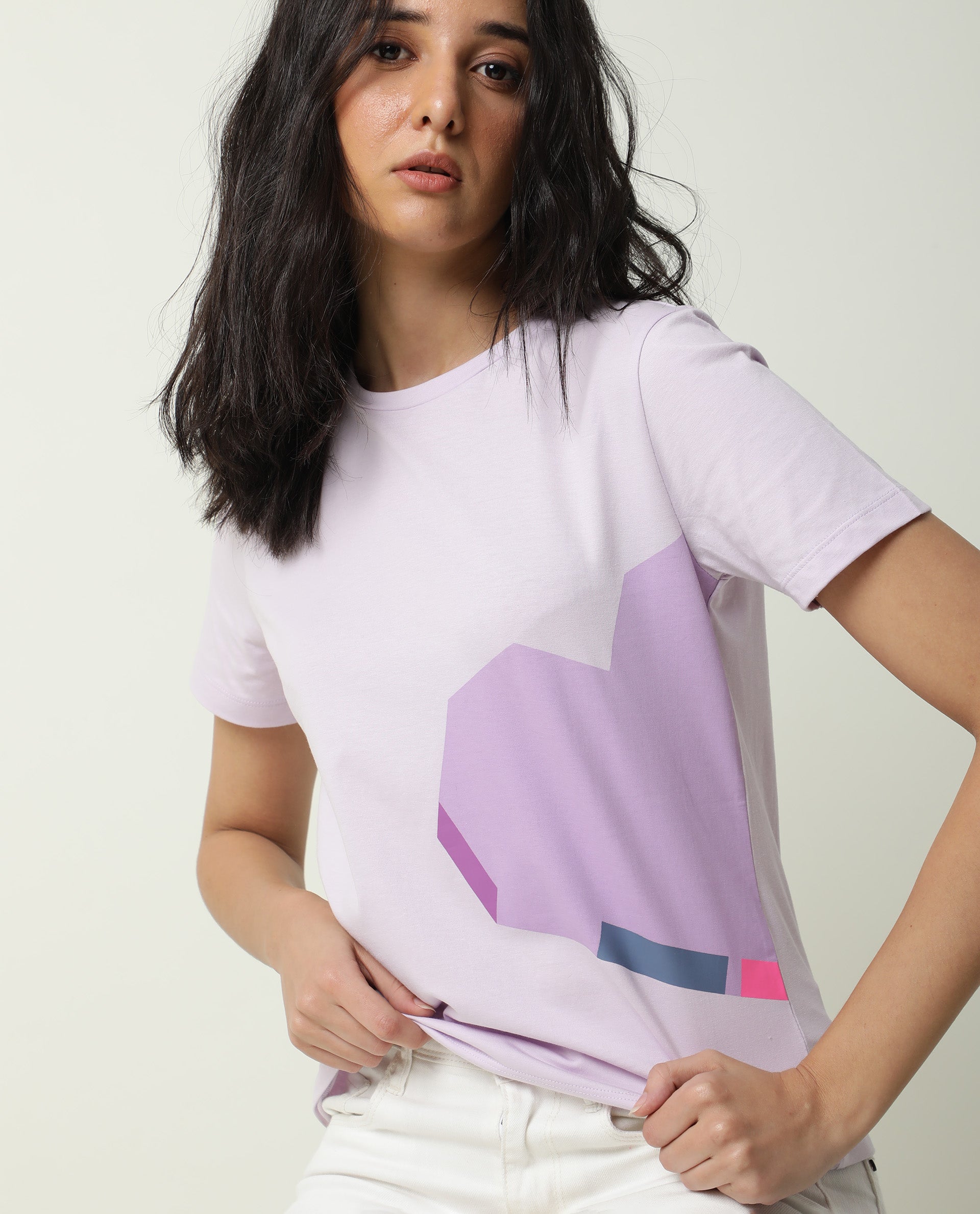 Rareism Women Jeweli Light Pink Cotton Fabric Regular Fit Half Sleeves Graphic Print Crew Neck T-Shirt