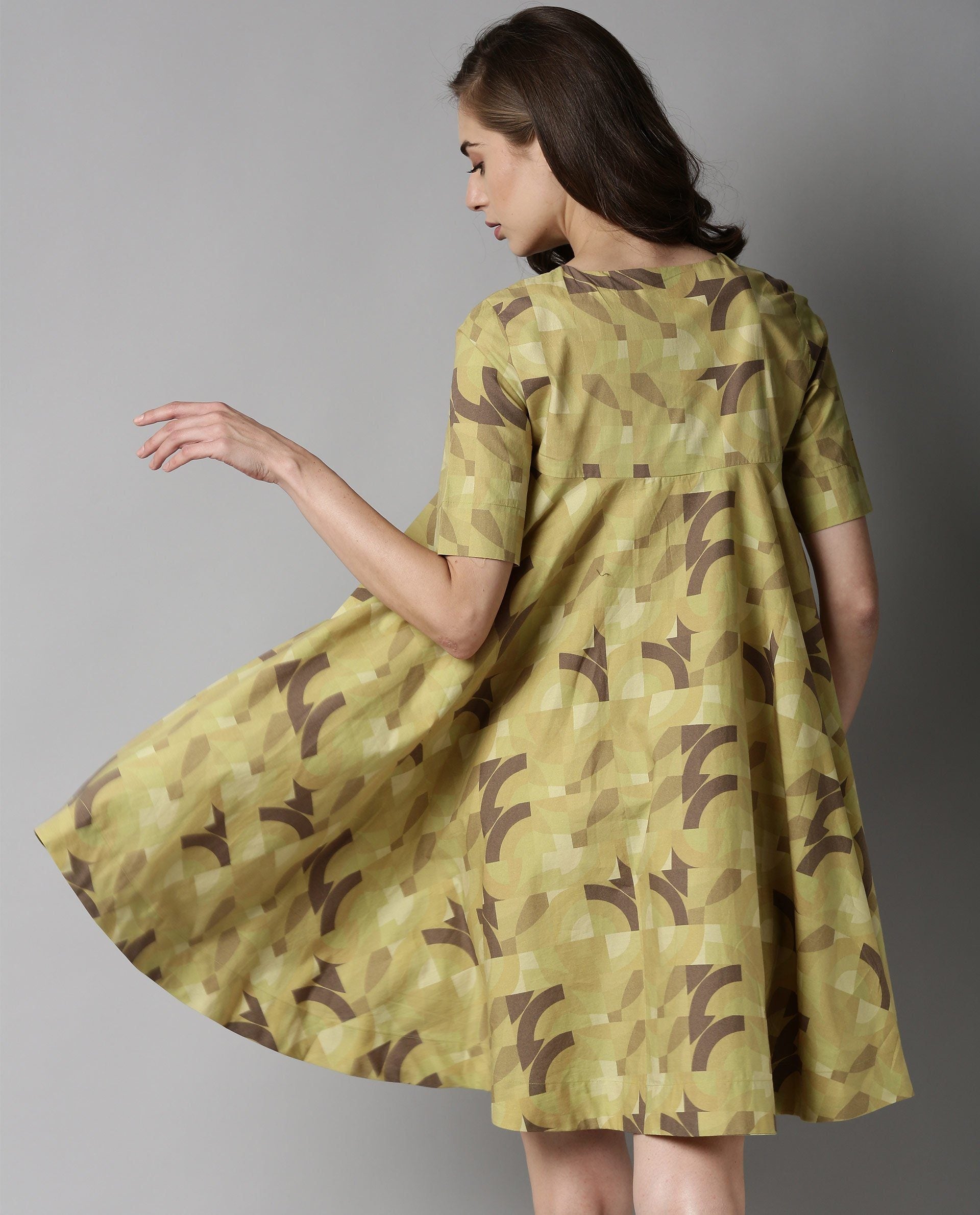 Rareism Women Novel Green Dress Short Sleeves Printed
