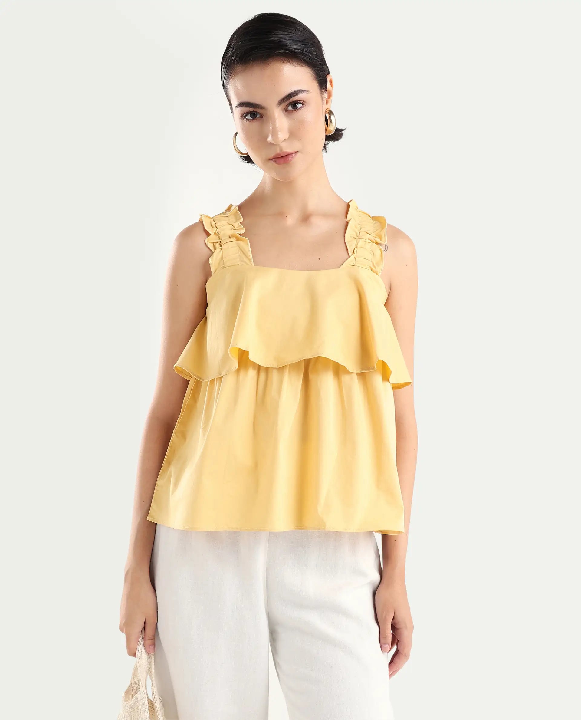 Rareism Women's Indika Yellow Cotton Blend Square Neck Plain Ruffled Sleeve Relaxed Fit Top