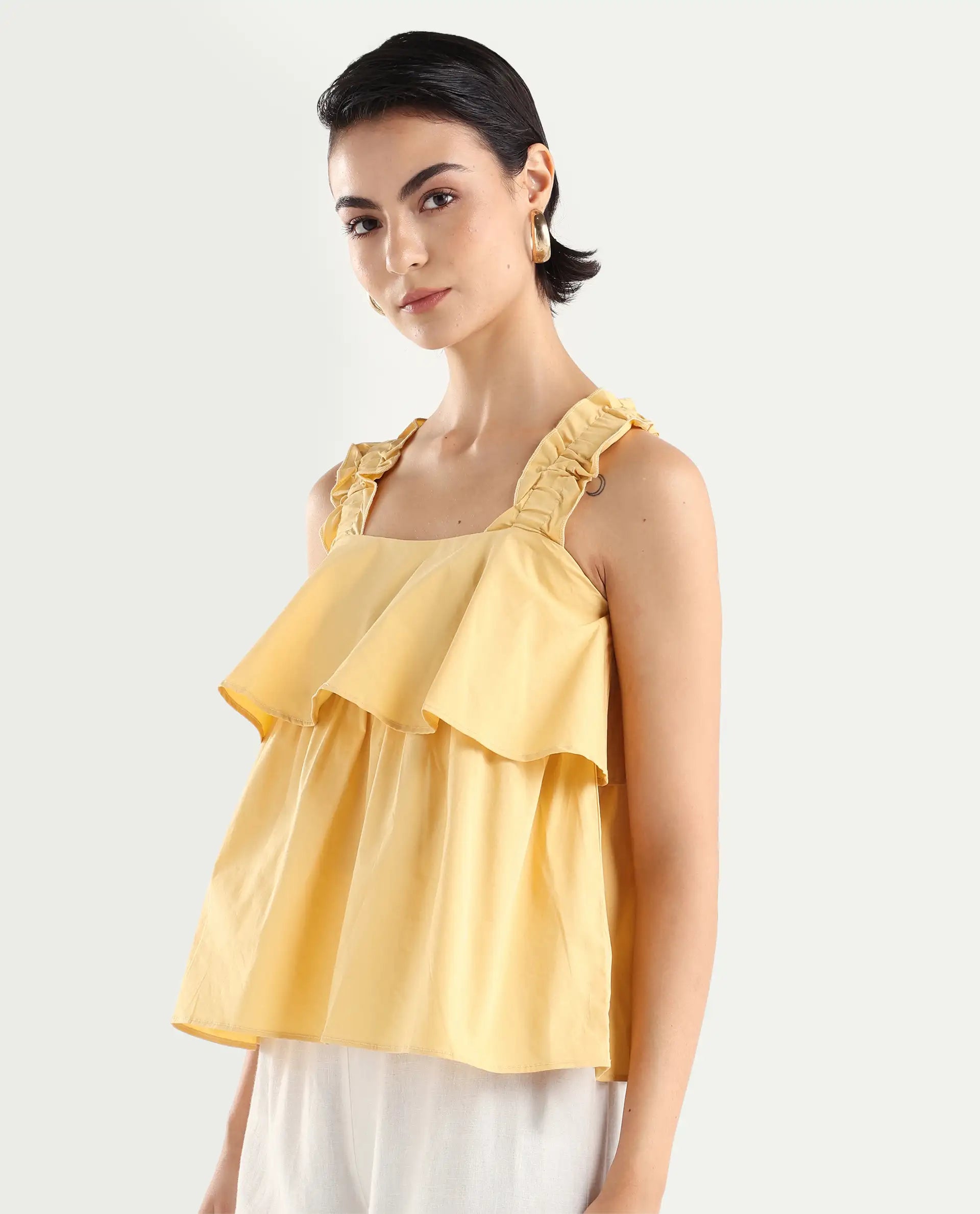Rareism Women's Indika Yellow Cotton Blend Square Neck Plain Ruffled Sleeve Relaxed Fit Top