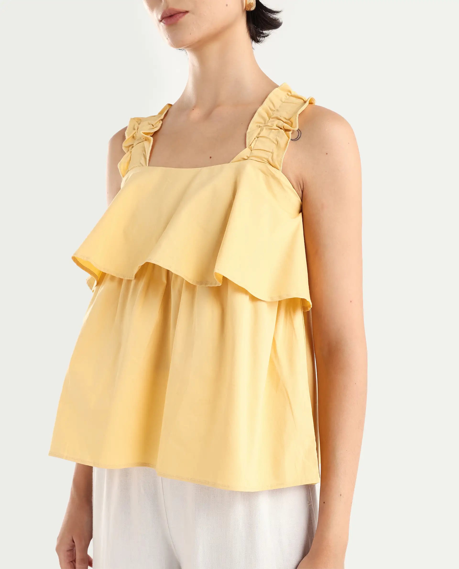 Rareism Women's Indika Yellow Cotton Blend Square Neck Plain Ruffled Sleeve Relaxed Fit Top