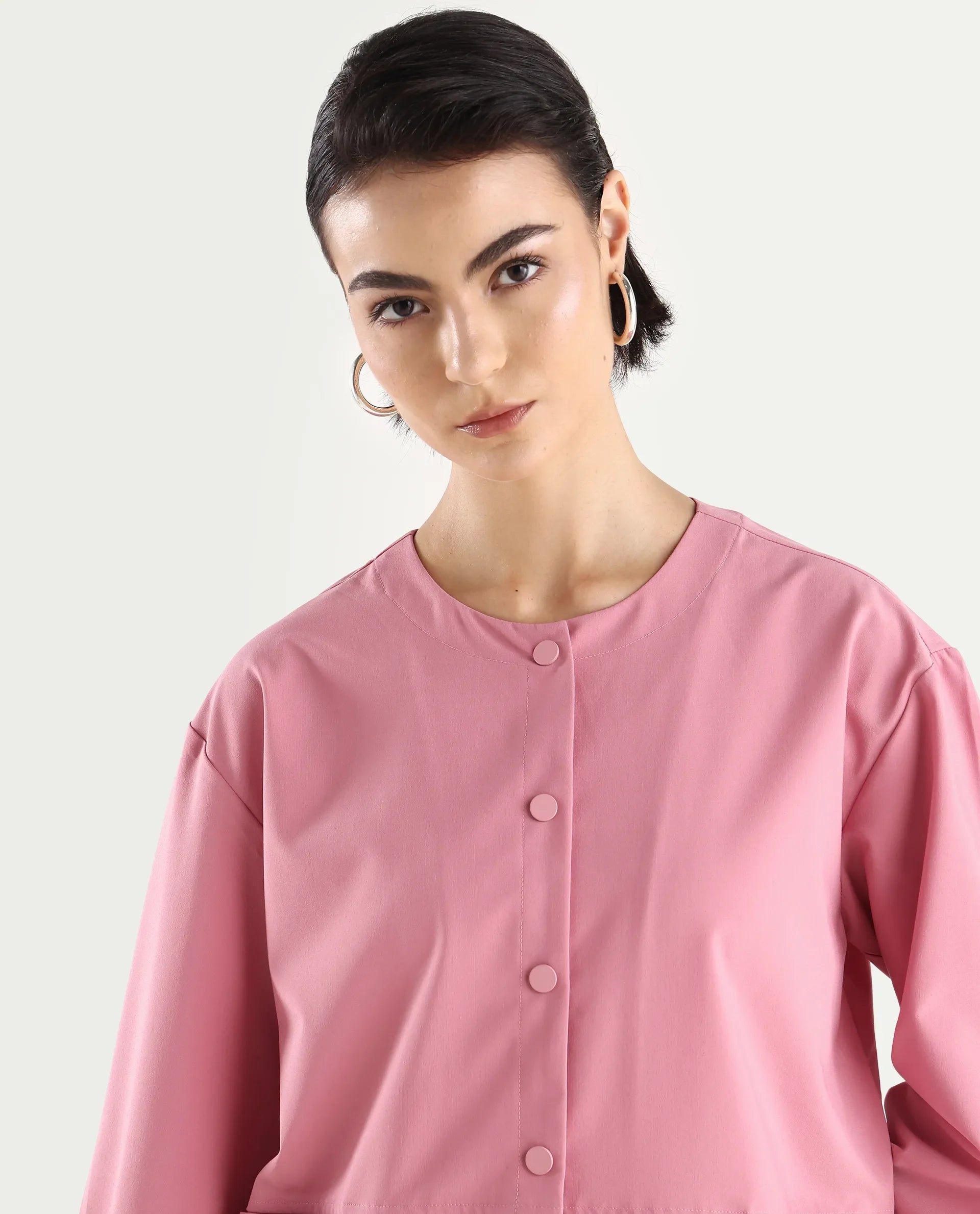 Rareism Women's Indow Dusky Pink Round Neck Plain Cuffed Sleeve Regular Fit Jacket