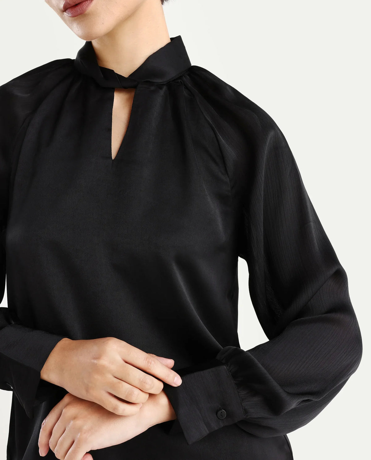 Rareism Women's Innoga Black Satin High Neck Plain Cuffed Sleeve Regular Fit Top