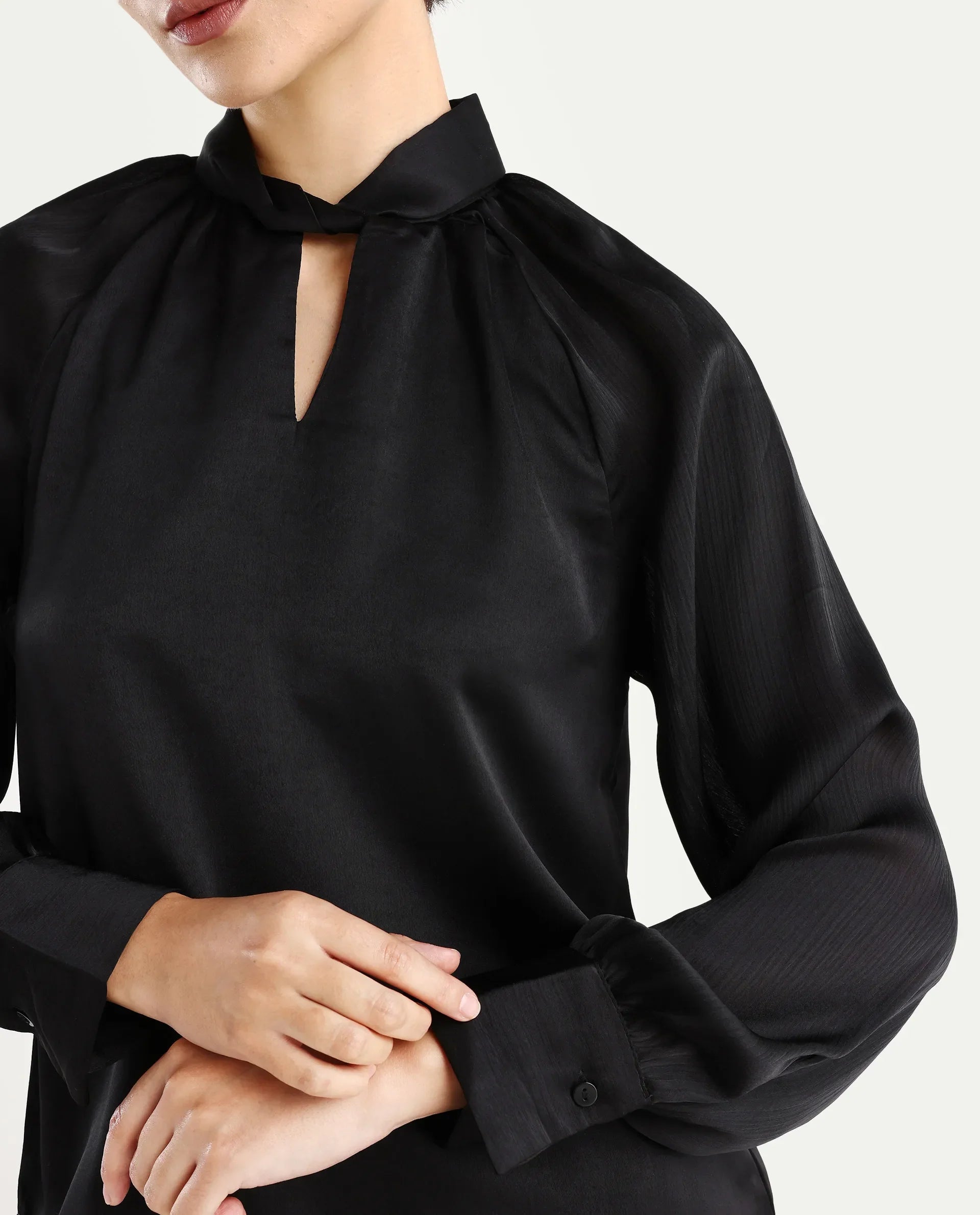 Rareism Women's Innoga Black Satin High Neck Plain Cuffed Sleeve Regular Fit Top