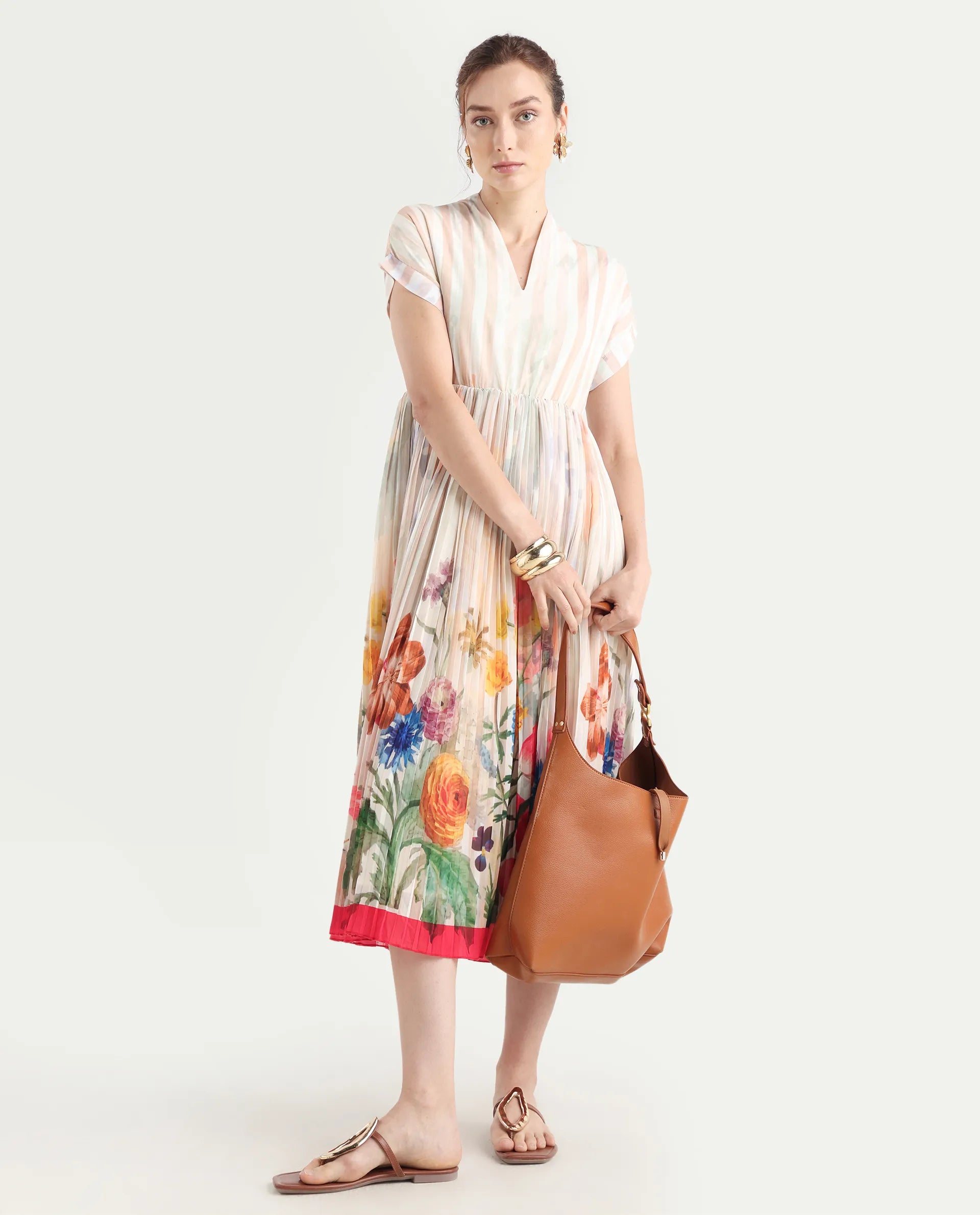 Rareism Women's Inuzuka Light Multi Polyester V-Neck Floral Print Extended Sleeves Midi Fit And Flare Dress