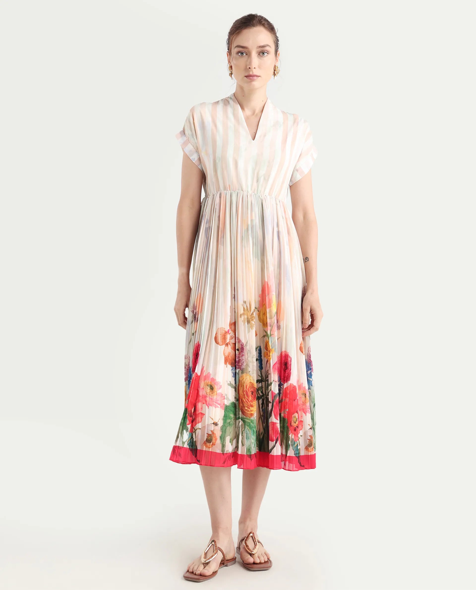 Rareism Women's Inuzuka Light Multi Polyester V-Neck Floral Print Extended Sleeves Midi Fit And Flare Dress