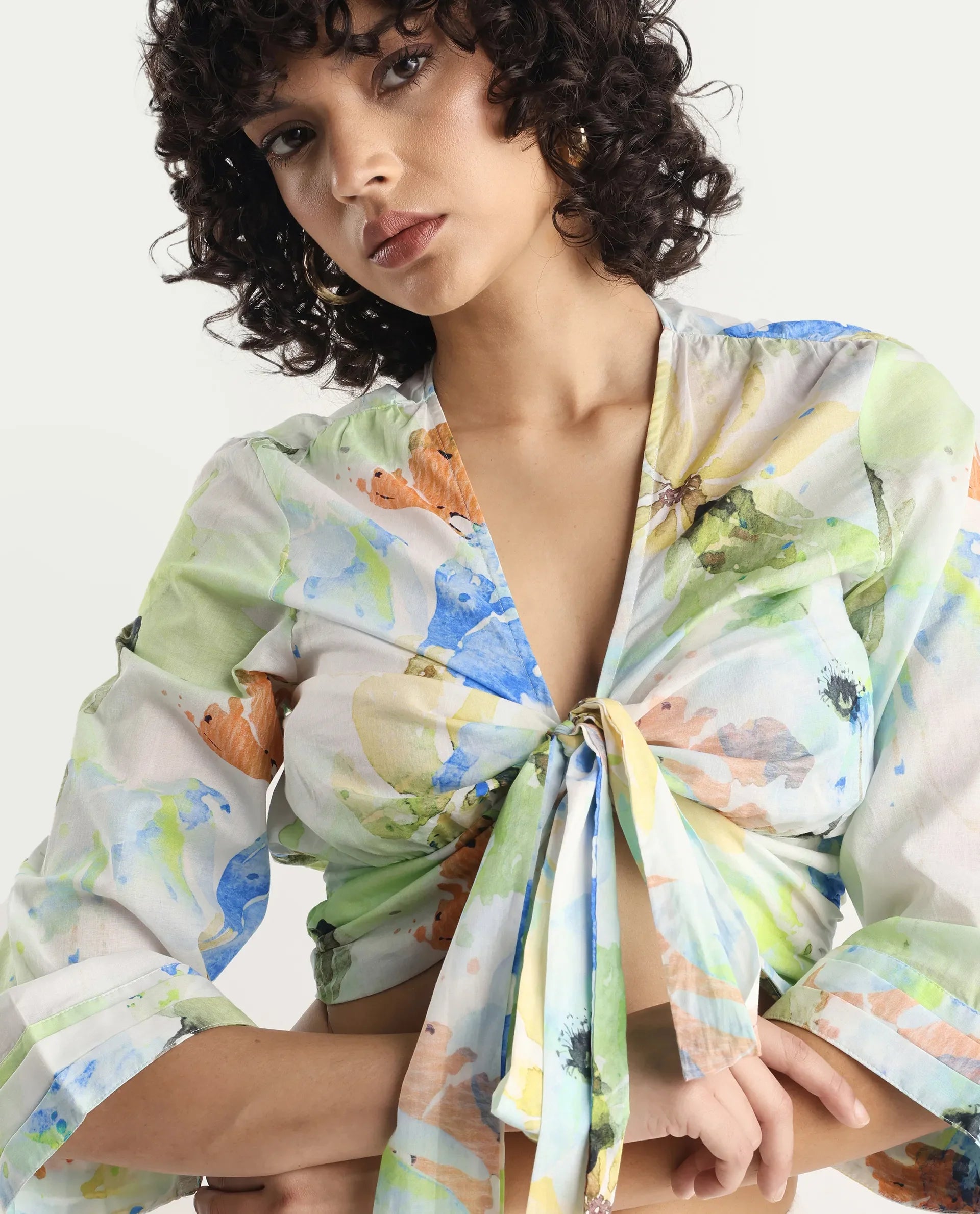 Rareism Women's Ireen Multi Cotton V-Neck Abstract Print Bell Sleeve Crop Regular Fit Top