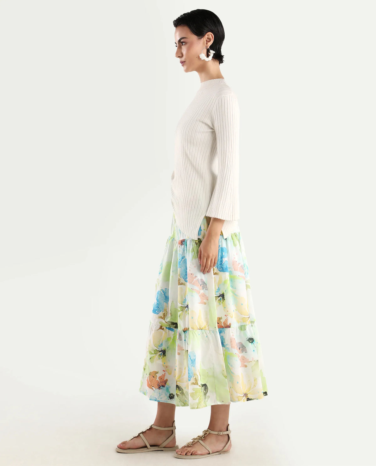 Rareism Women's Irina Multi Cotton Abstract Print Midi Flared Skirt