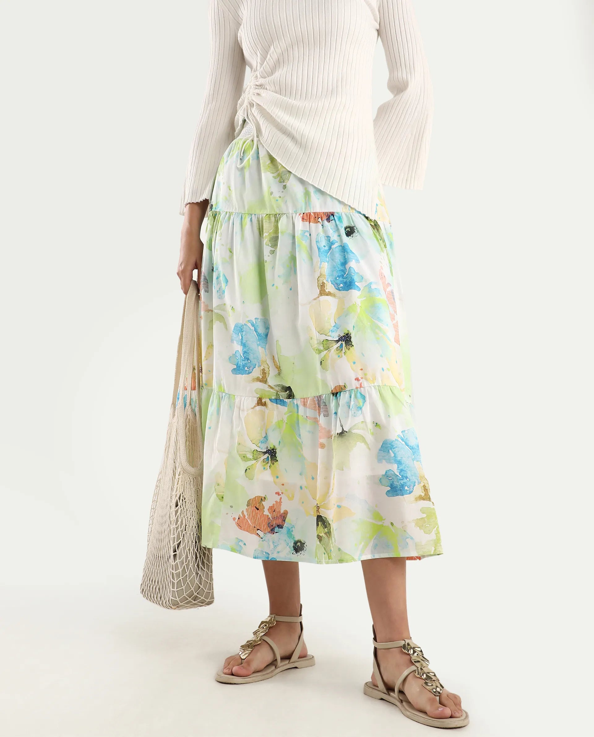 Rareism Women's Irina Multi Cotton Abstract Print Midi Flared Skirt