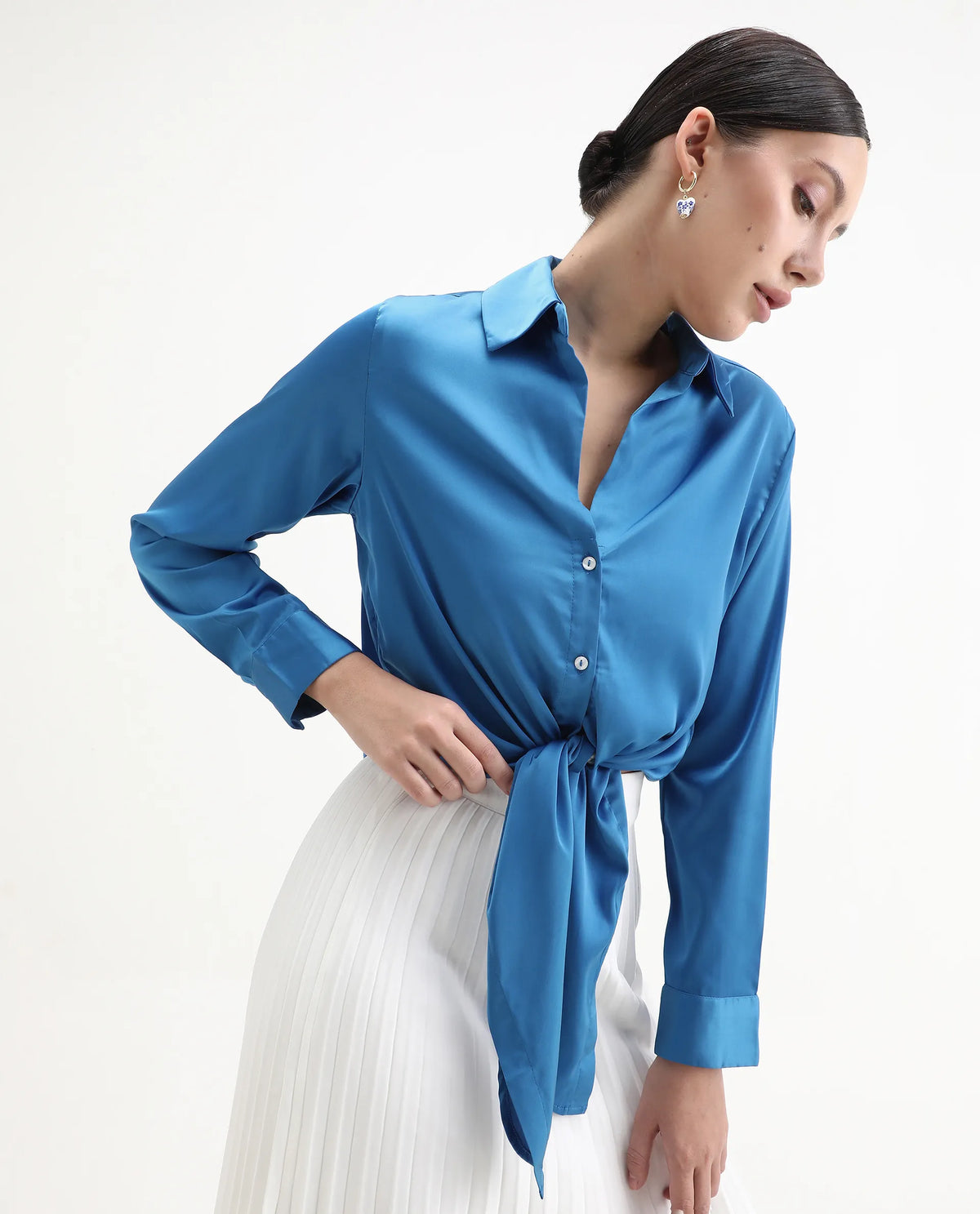 Rareism Women's Irteen Flouroscent Blue Polyester Drop Collar Plain Cuffed Sleeve Regular Fit Top