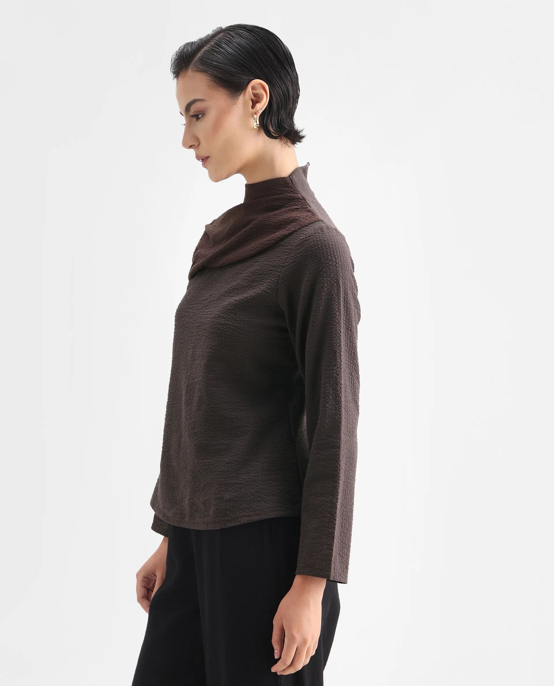 Rareism Women's Isro Brown Cotton High Neck Plain Regular Fit Top