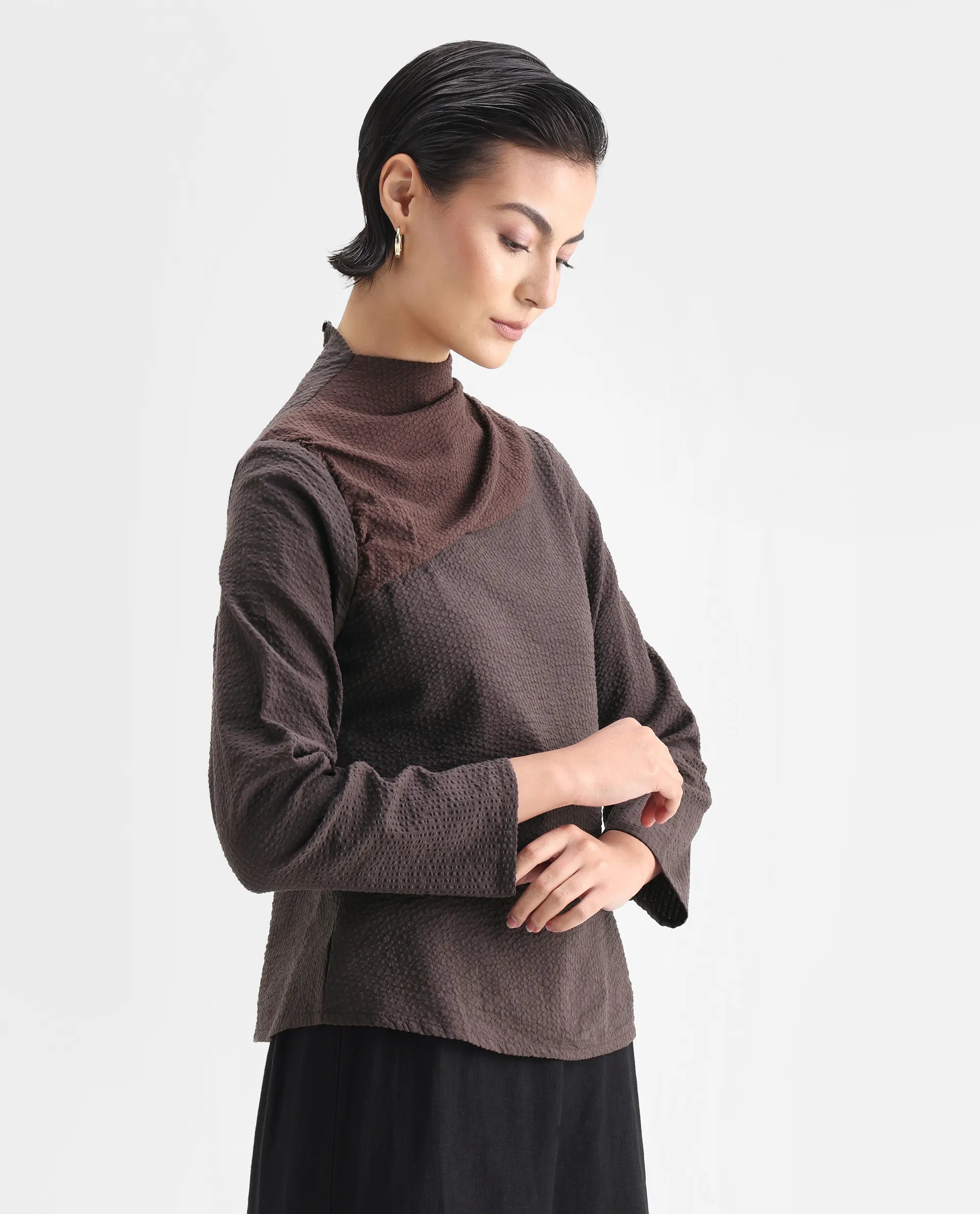 Rareism Women's Isro Brown Cotton High Neck Plain Regular Fit Top
