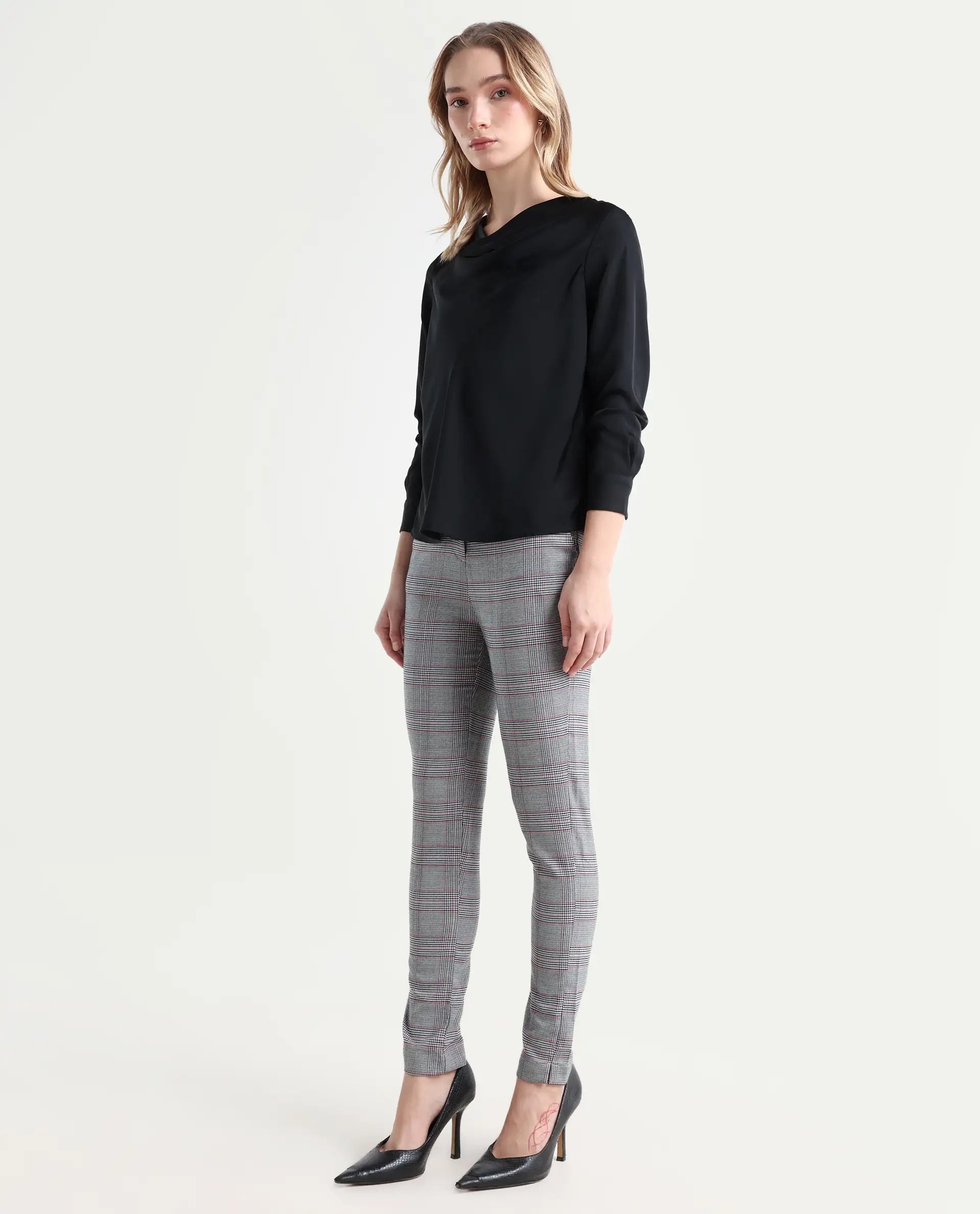 Rareism Women's Issac Beige Checked Knee Length Slim Fit Trouser
