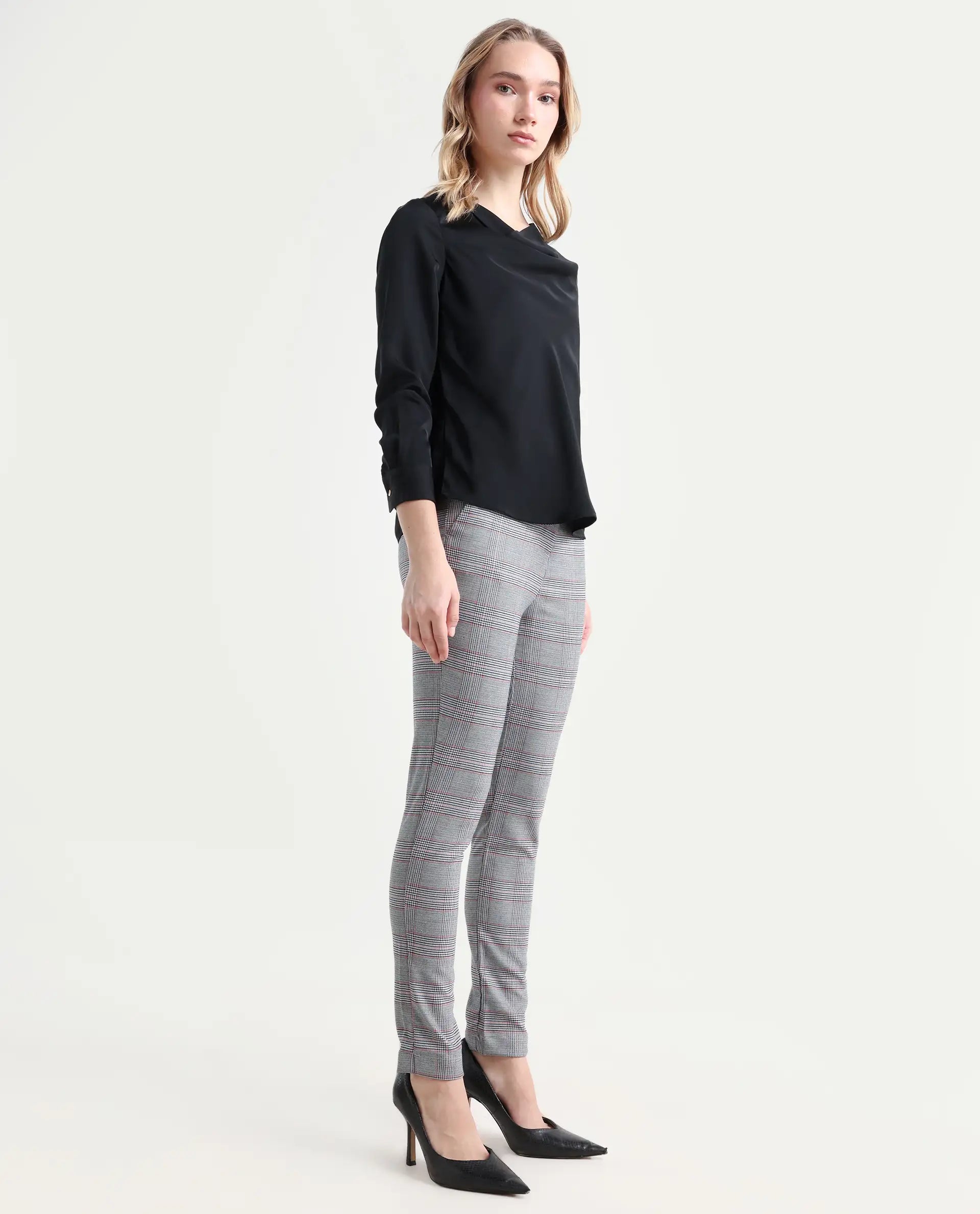 Rareism Women's Issac Beige Checked Knee Length Slim Fit Trouser