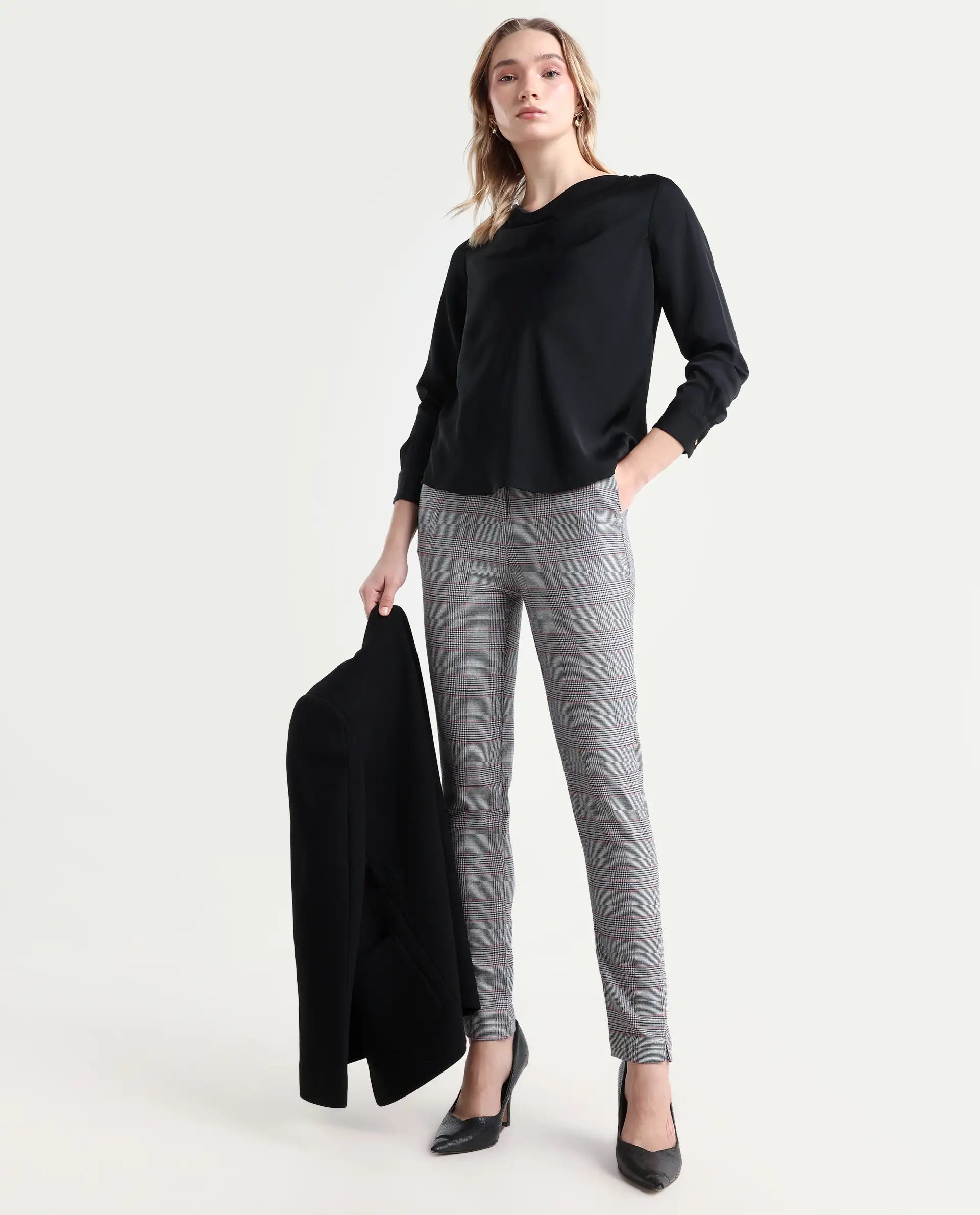 Rareism Women's Issac Beige Checked Knee Length Slim Fit Trouser