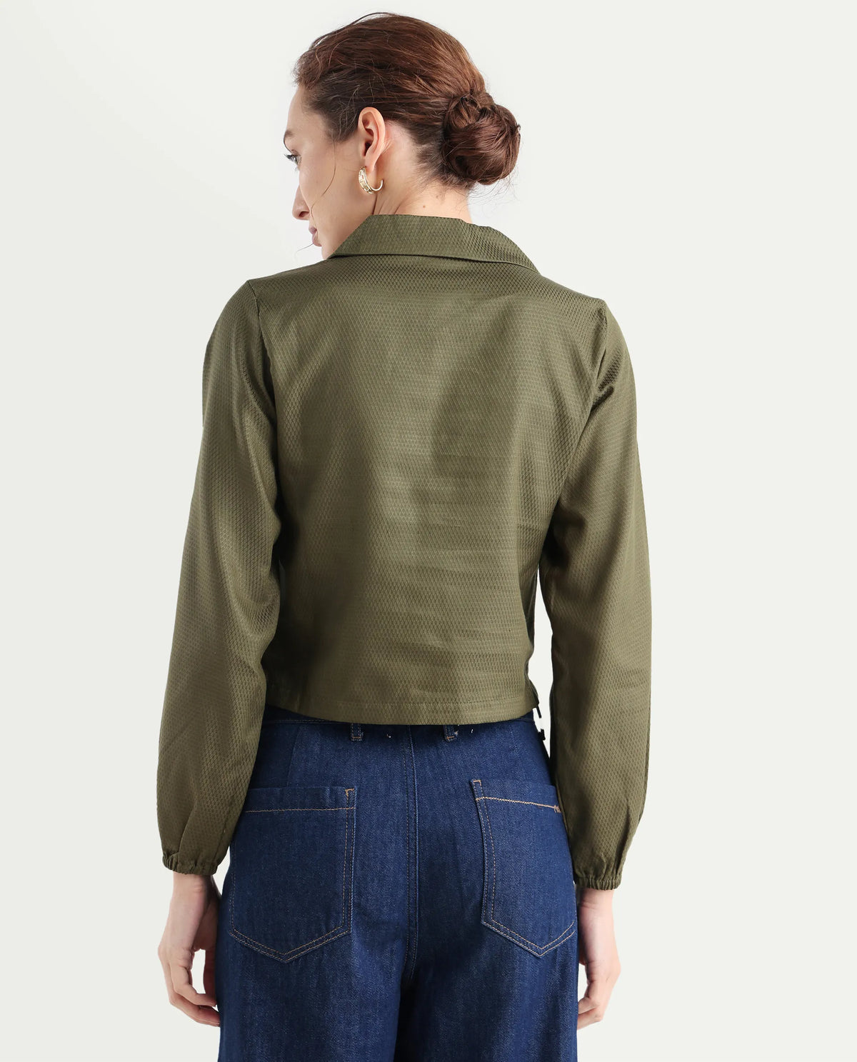 Rareism Women's Istanbul Green Cotton Lapel Neck Plain Bishop Sleeve Crop Regular Fit Top