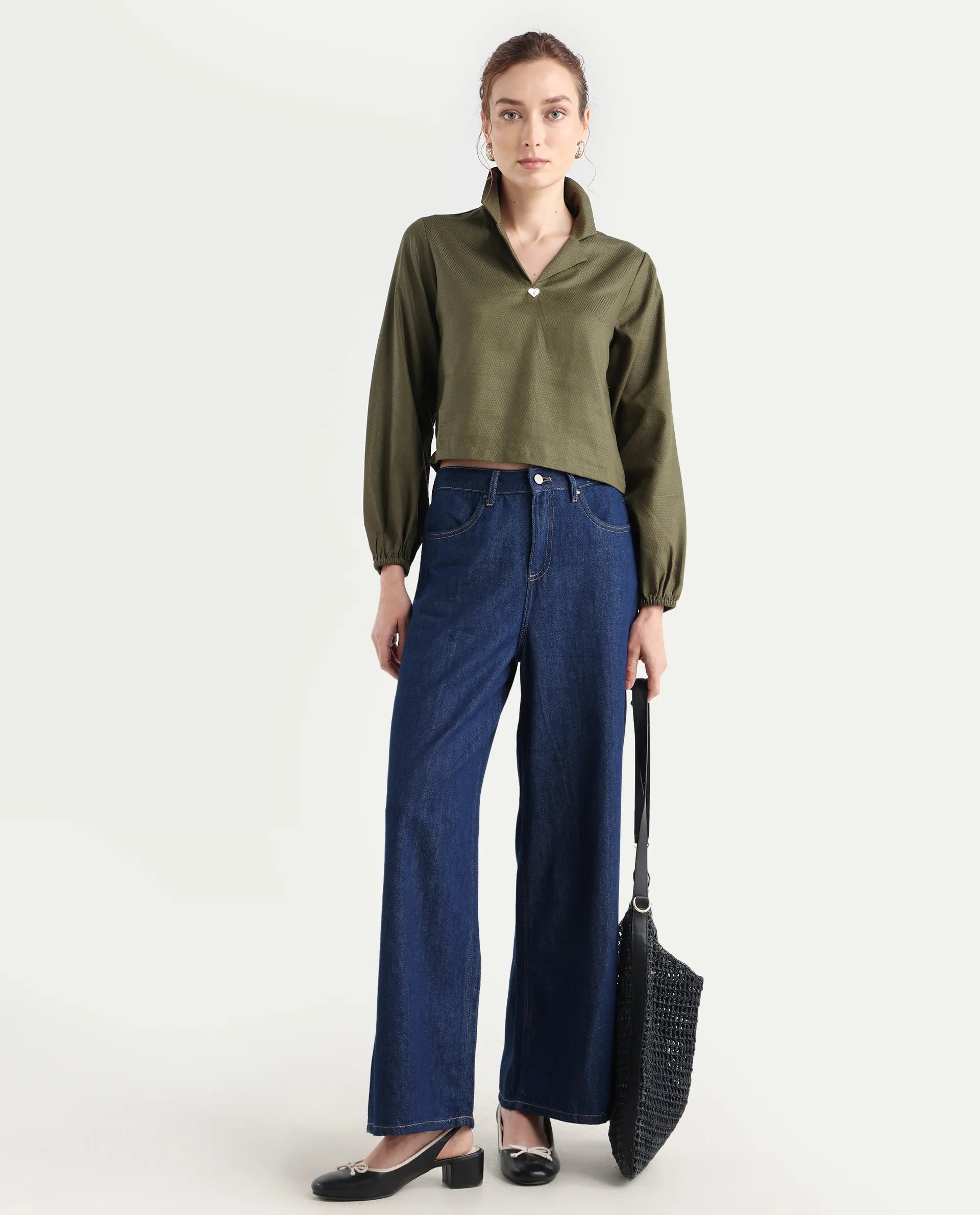 Rareism Women's Istanbul Green Cotton Lapel Neck Plain Bishop Sleeve Crop Regular Fit Top