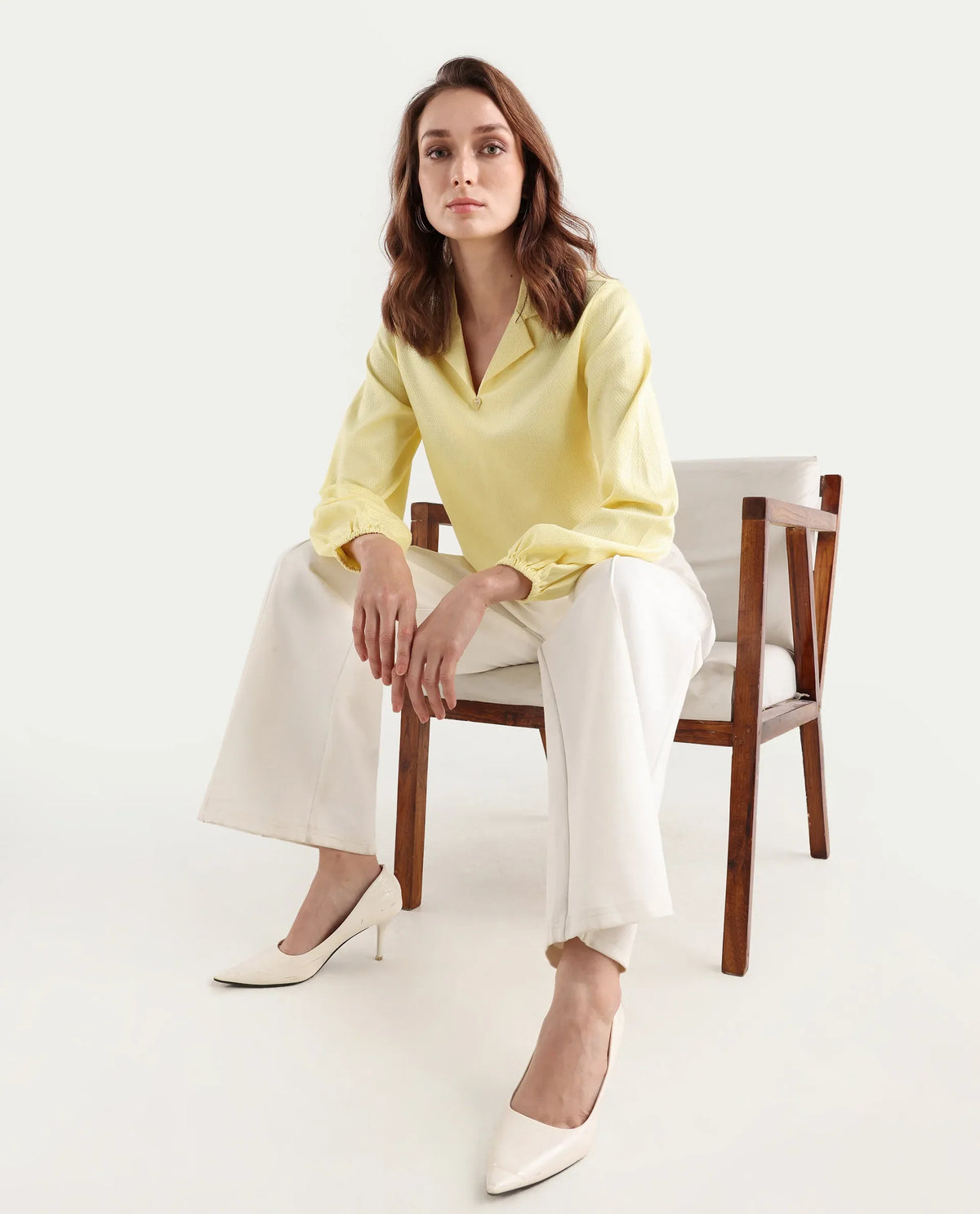 Rareism Women's Istanbul Light Yellow Cotton Lapel Neck Plain Bishop Sleeve Crop Regular Fit Top