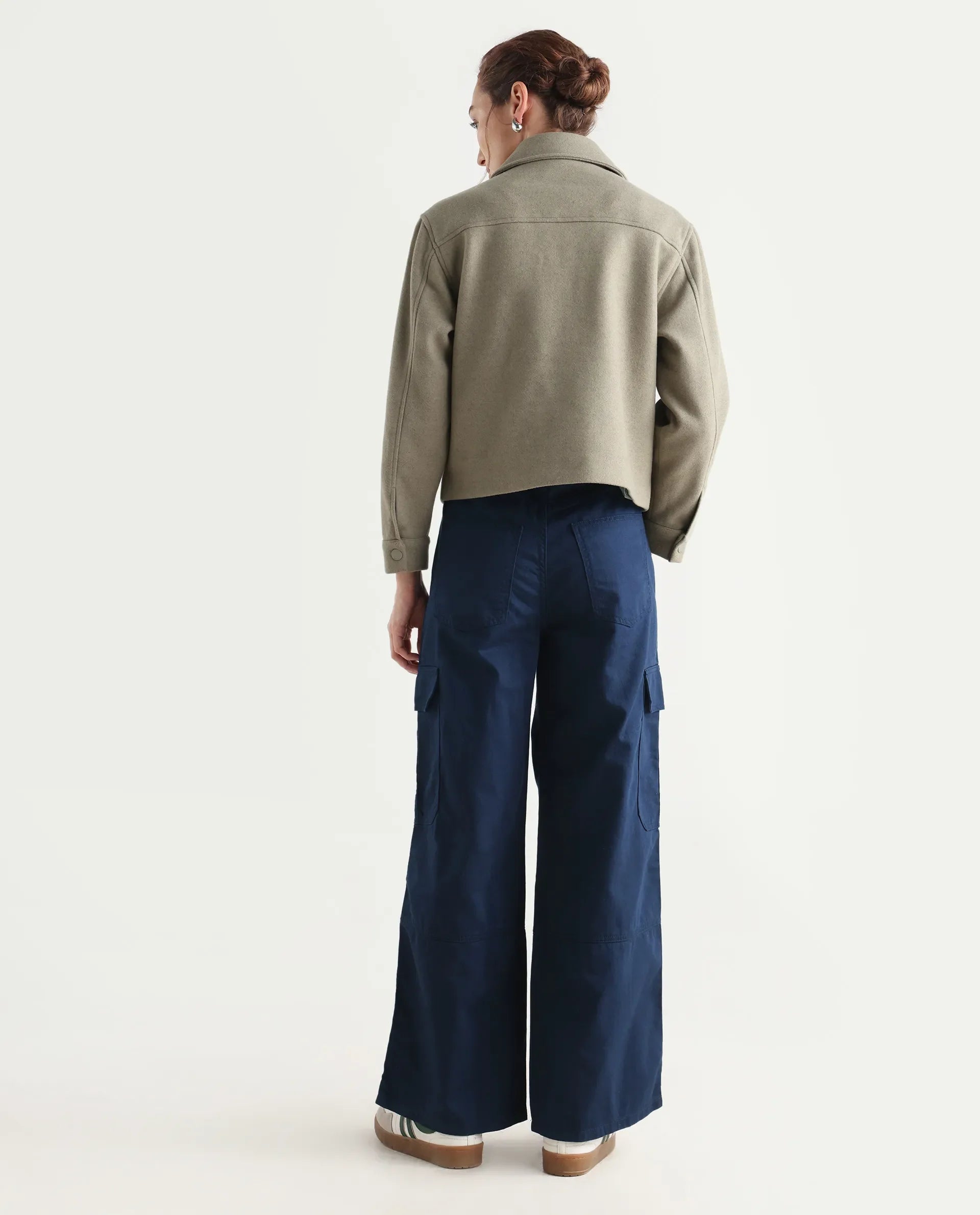 Rareism Women's Itsiz Navy Cotton Plain Ankle Length Wide Leg Trouser