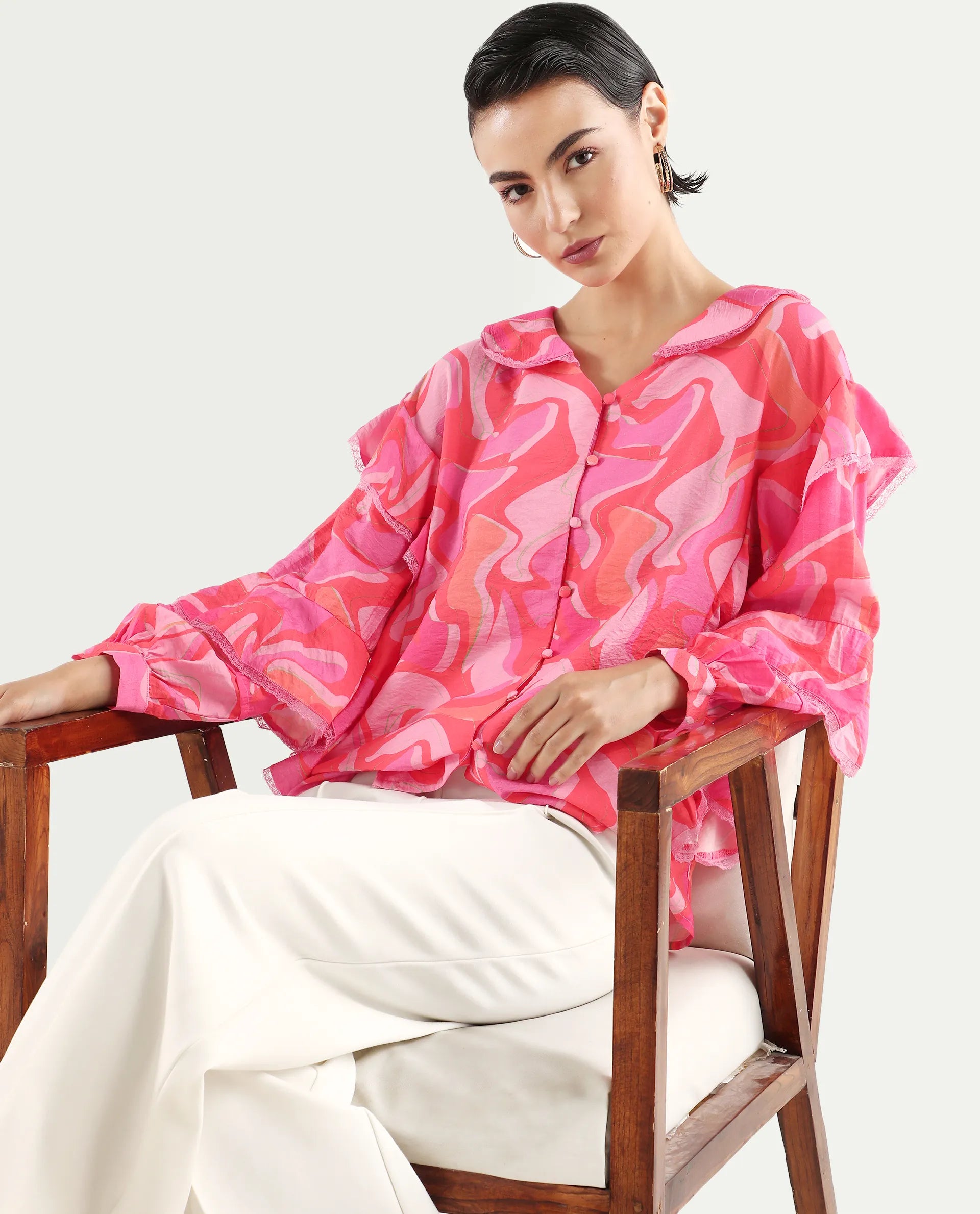 Rareism Women's Ivan Multi Viscose Blend Peter Pan Collar Abstract Print Bishop Sleeve Regular Fit Top