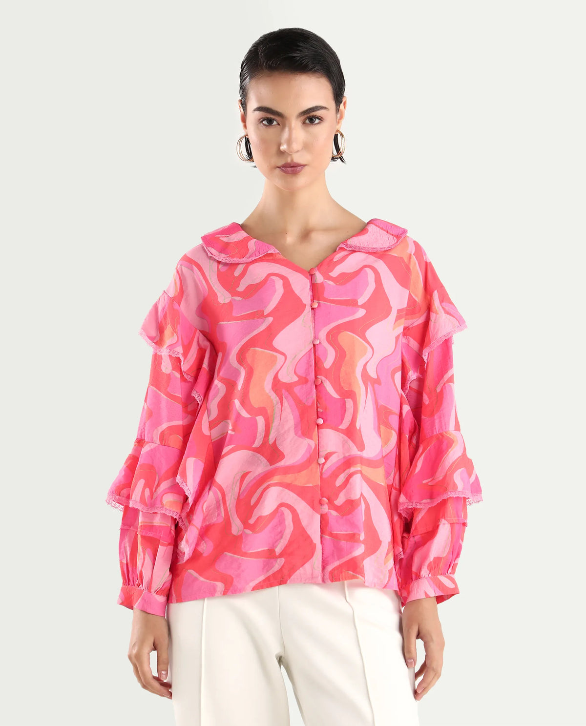 Rareism Women's Ivan Multi Viscose Blend Peter Pan Collar Abstract Print Bishop Sleeve Regular Fit Top