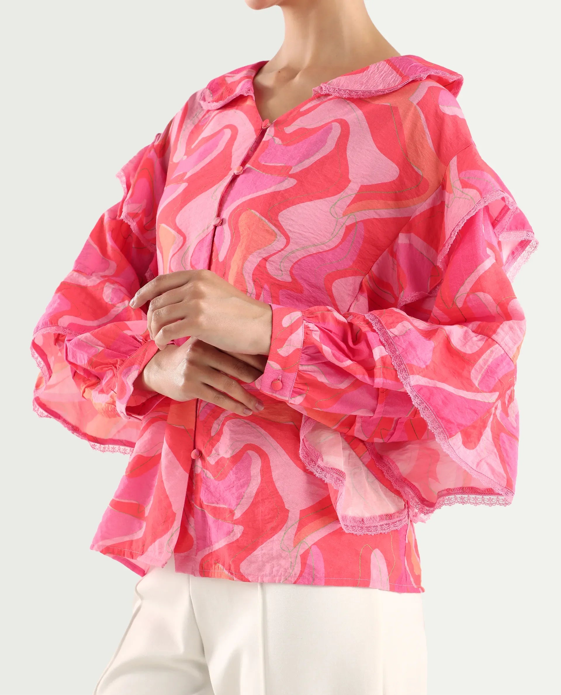 Rareism Women's Ivan Multi Viscose Blend Peter Pan Collar Abstract Print Bishop Sleeve Regular Fit Top