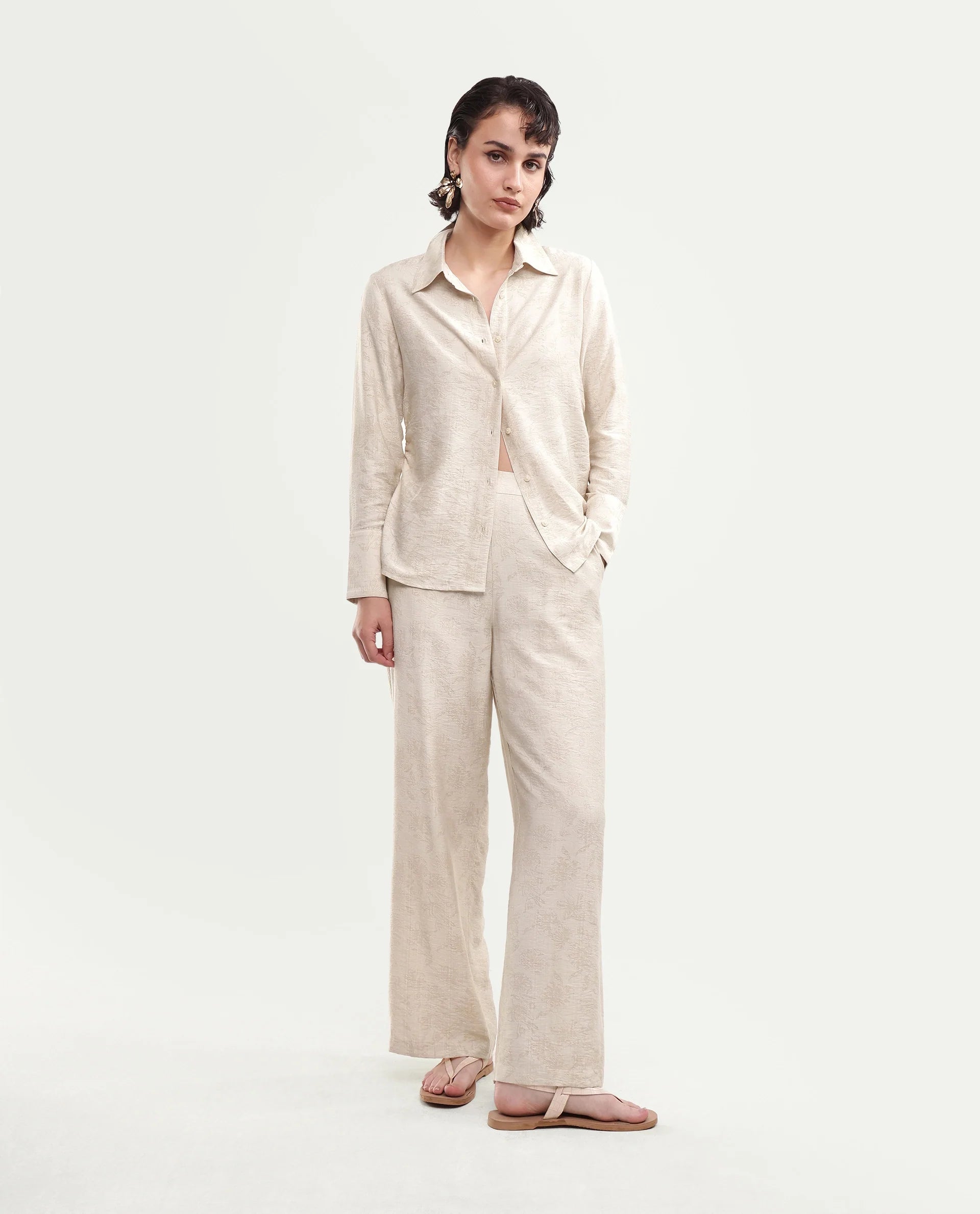 Rareism Women's Ivish-B Primary Beige Viscose Blend Pull-On Wide Leg Jacquard Trouser