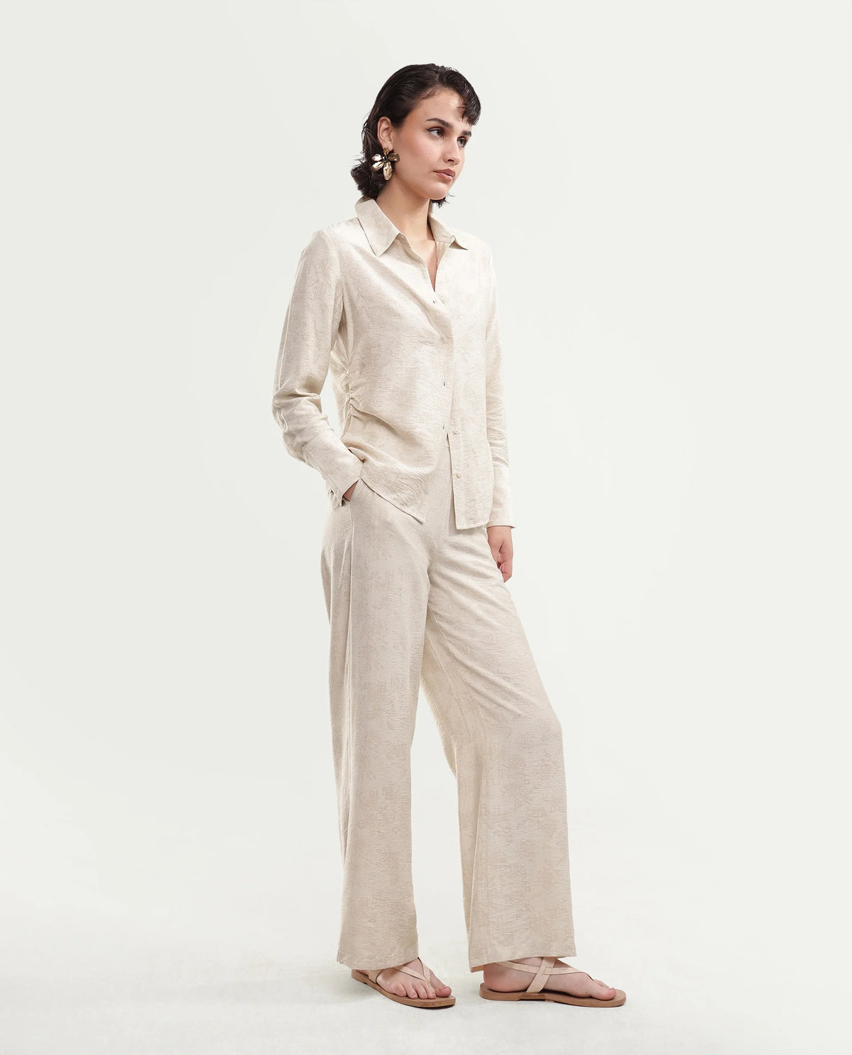 Rareism Women's Ivish-B Primary Beige Viscose Blend Pull-On Wide Leg Jacquard Trouser