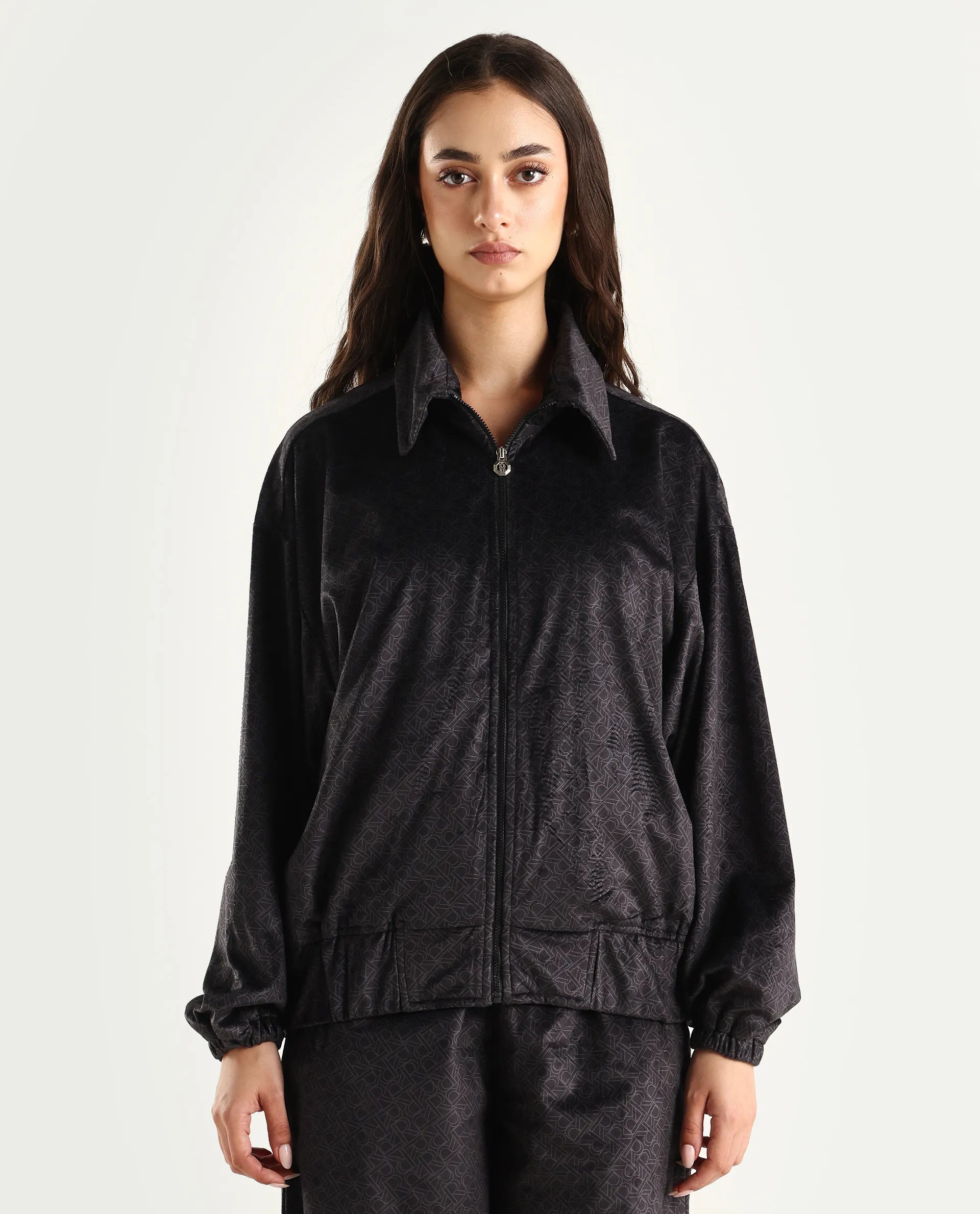 Rareism Women's Jacamo-T Black Polyester Spread Collar Relaxed Monogram Print Jacket