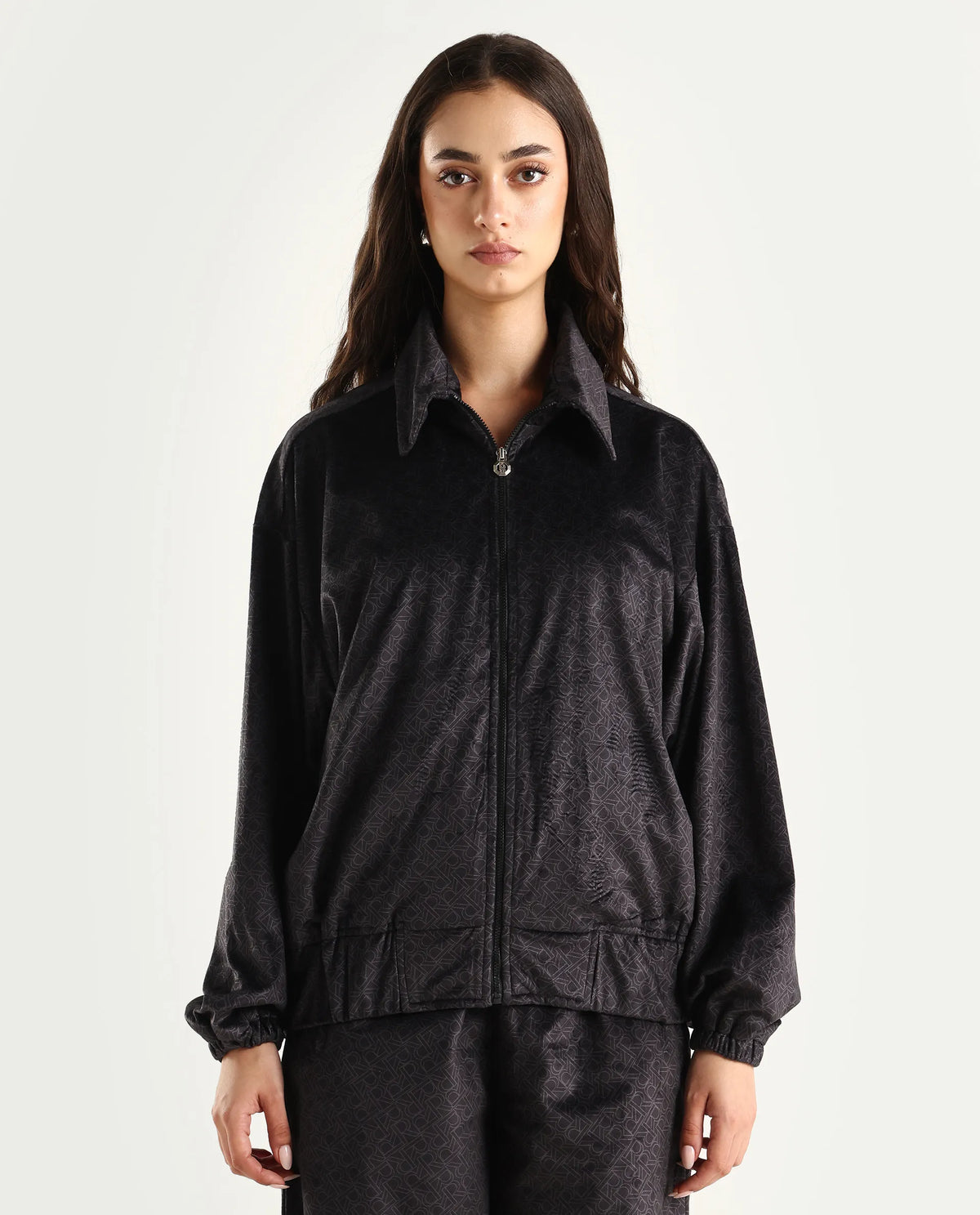 Rareism Women's Jacamo-T Black Polyester Spread Collar Relaxed Monogram Print Jacket