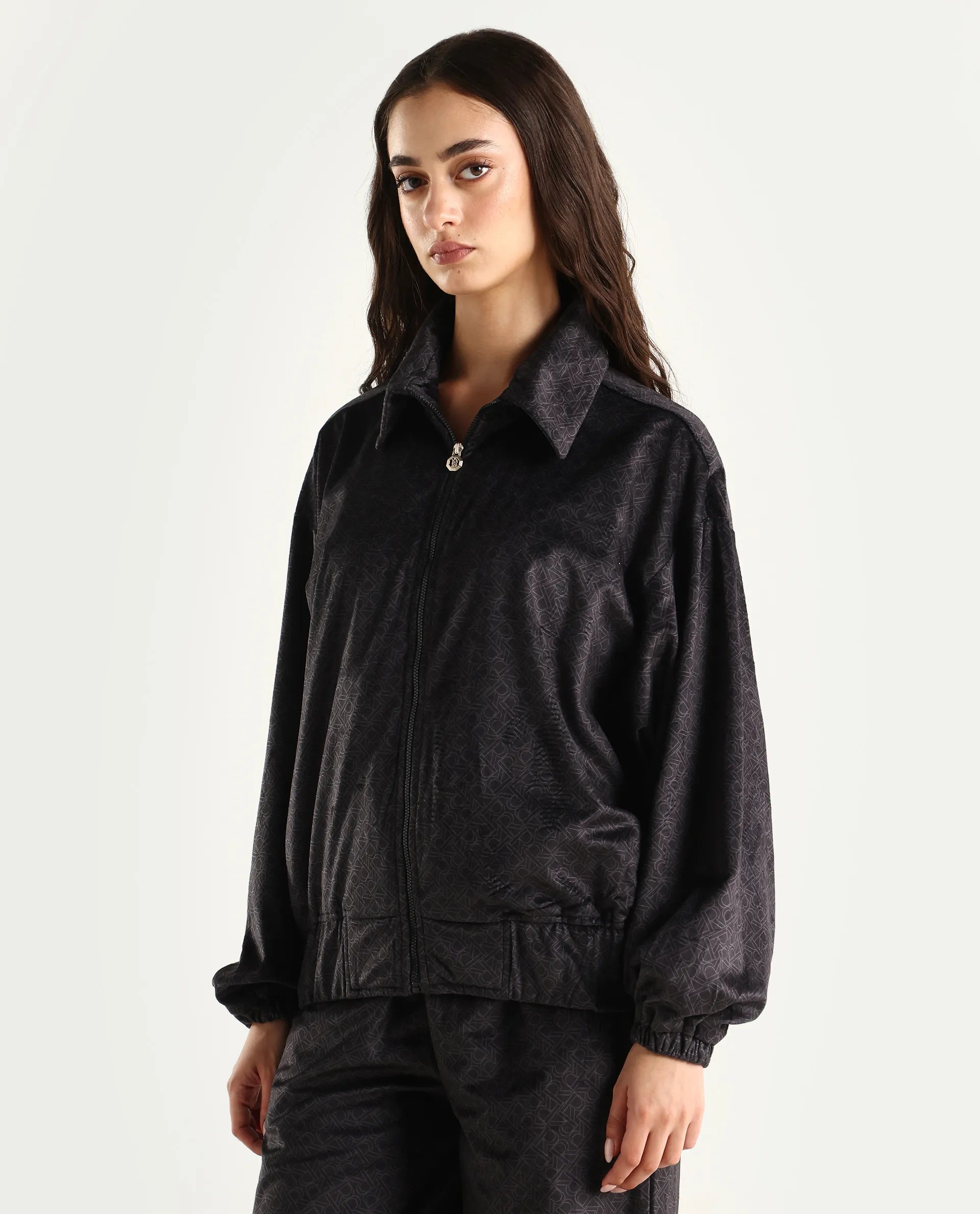 Rareism Women's Jacamo-T Black Polyester Spread Collar Relaxed Monogram Print Jacket