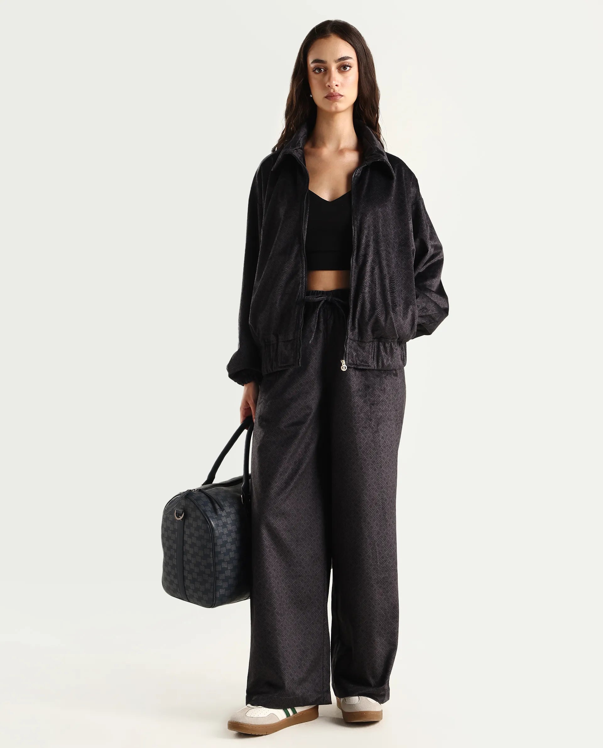 Rareism Women's Jacamo-T Black Polyester Spread Collar Relaxed Monogram Print Jacket