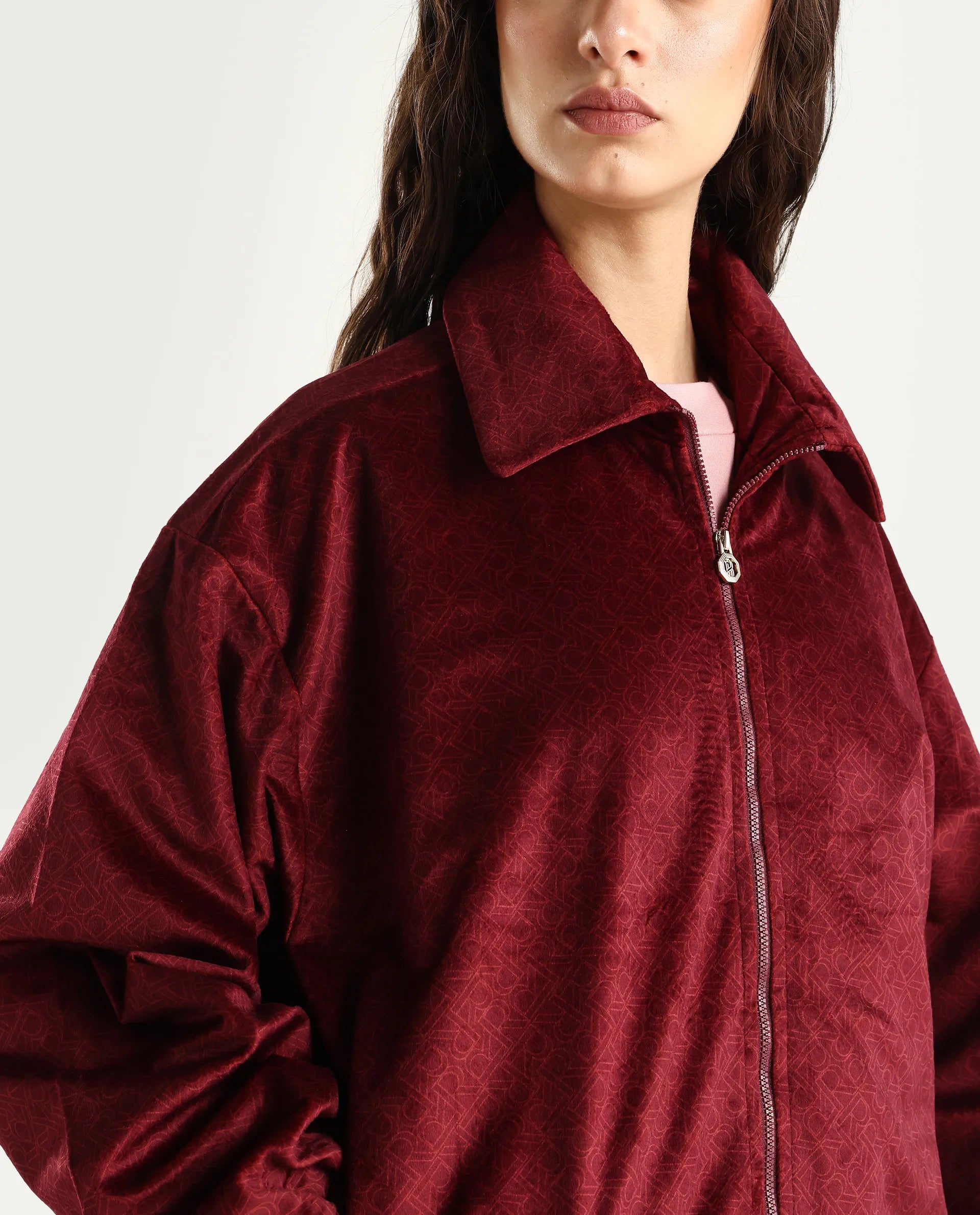 Rareism Women's Jacamo-T Maroon Polyester Spread Collar Relaxed Monogram Print Jacket