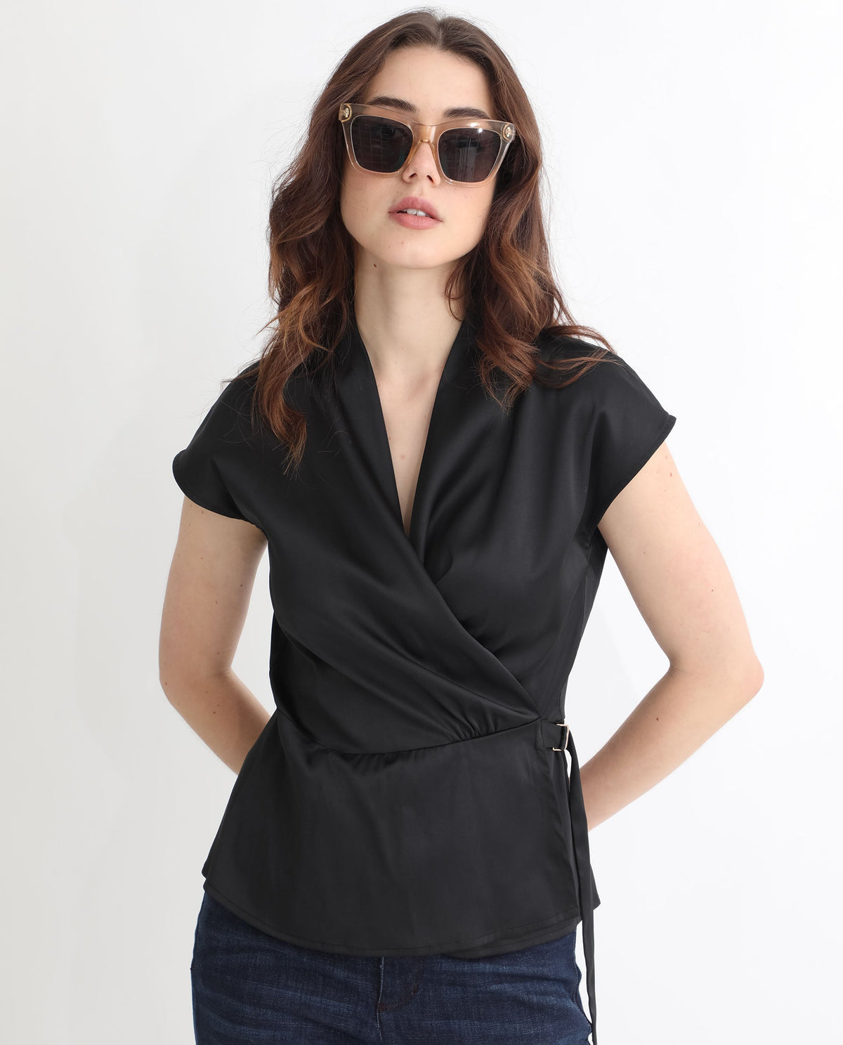 Rareism Women Jadak Black Polyester Fabric Regular Fit Collarless Sleeveless Solid Top