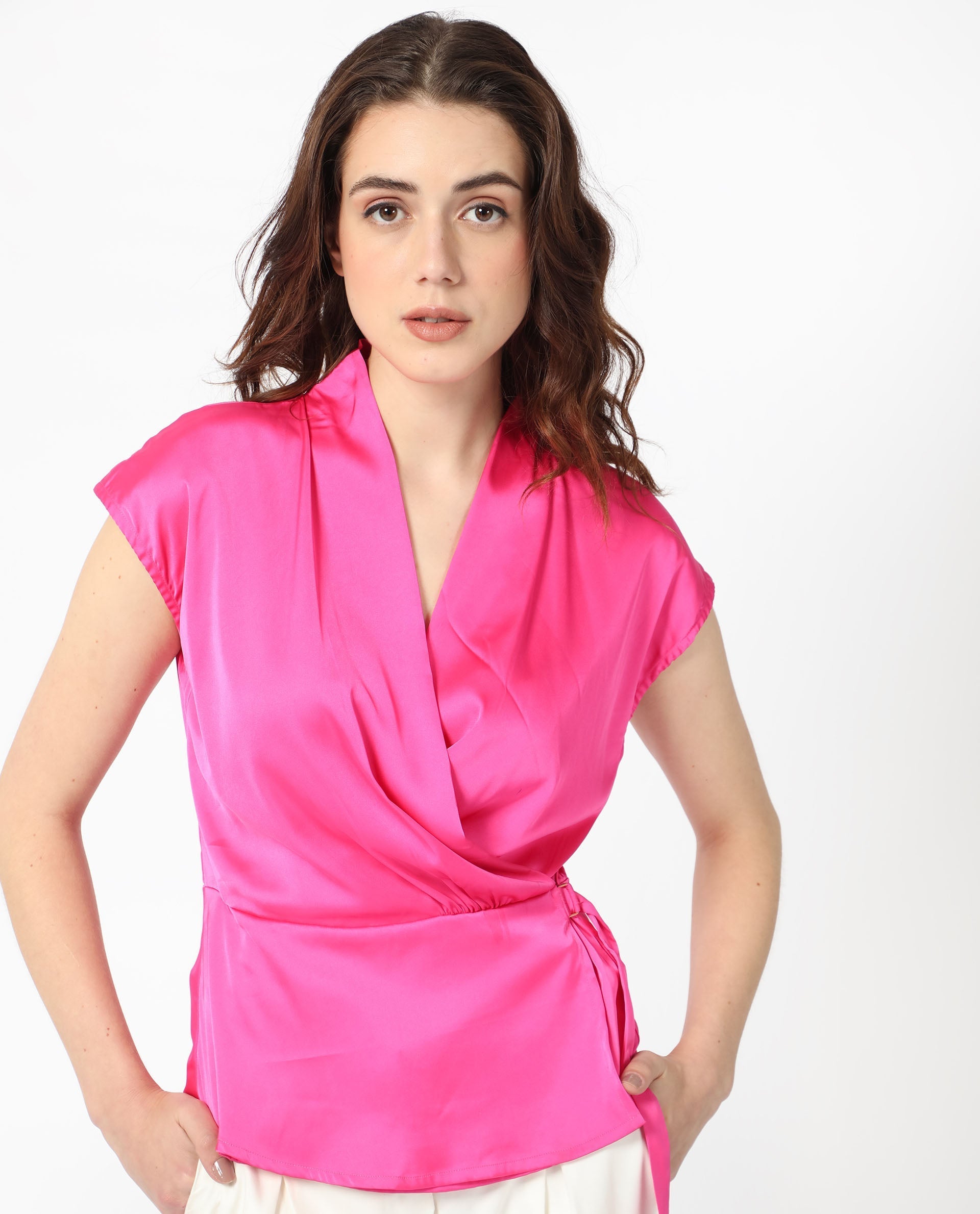Rareism Women's Jadak Pink Polyester Collarless Plain Sleeveless Regular Fit Top