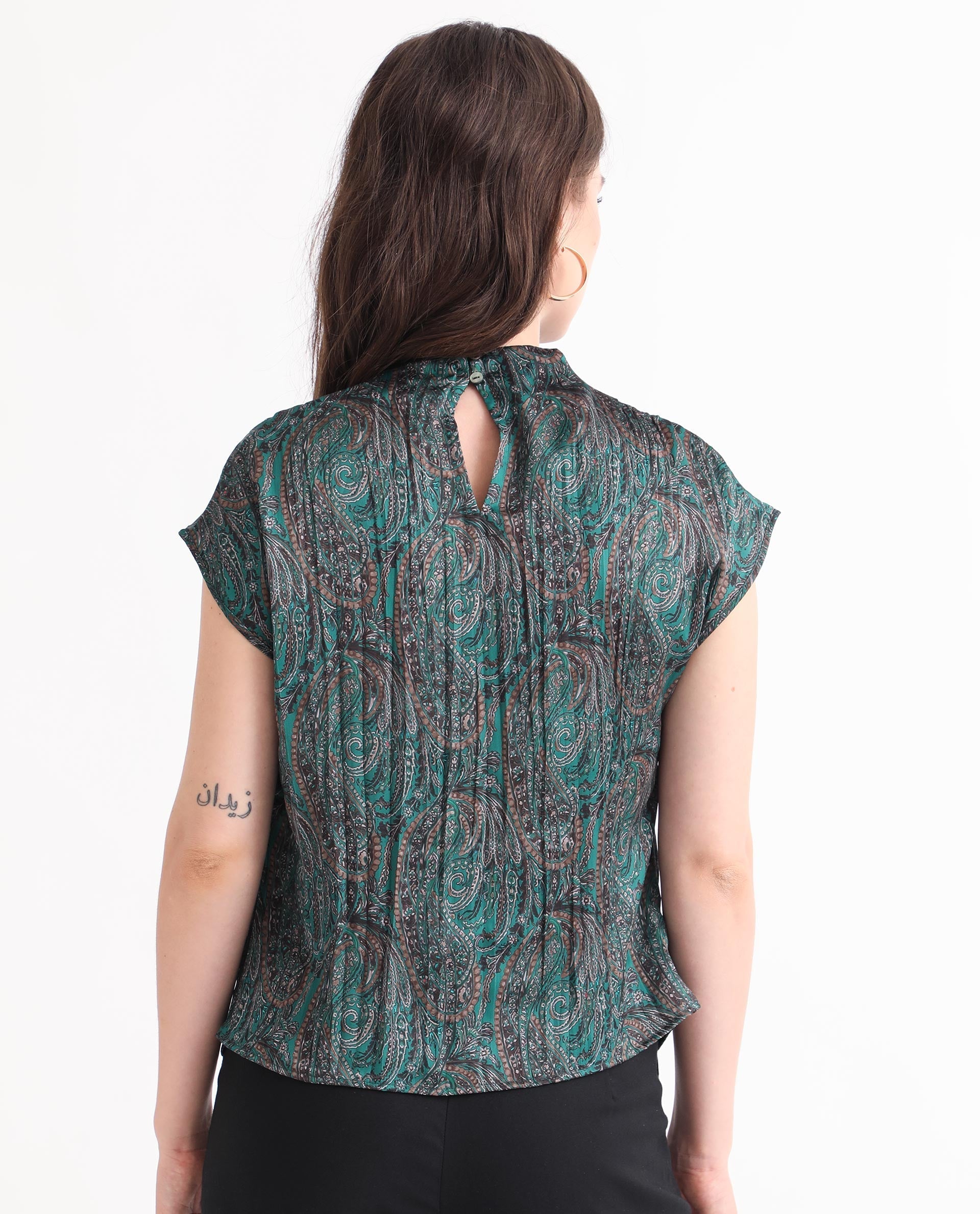 Rareism Women Jadeny Dark Green Polyester Fabric Short Sleeves Button Closure Cowl Neck Extended Sleeve Regular Fit Paisley Print Blouse Top