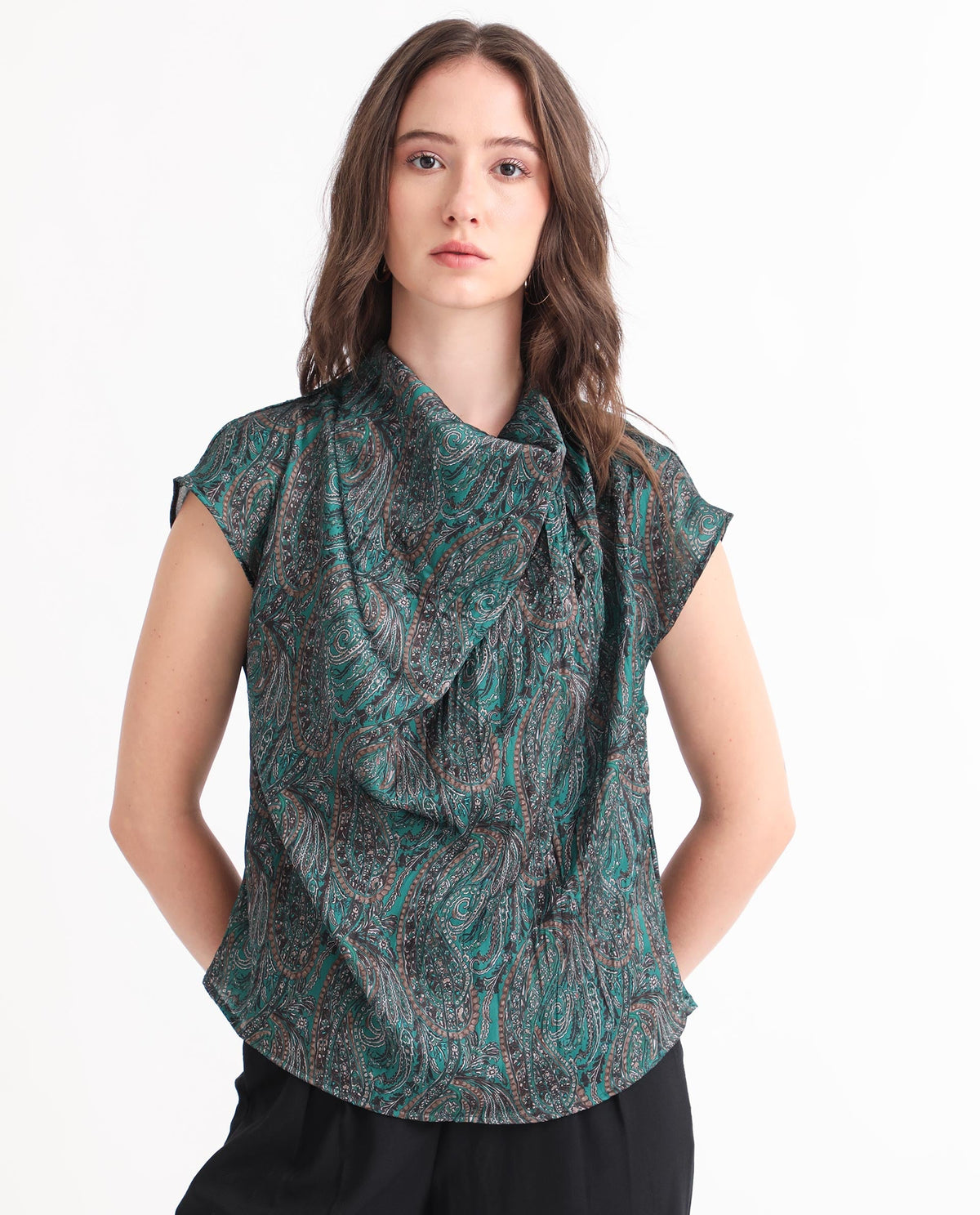 Rareism Women Jadeny Dark Green Polyester Fabric Short Sleeves Button Closure Cowl Neck Extended Sleeve Regular Fit Paisley Print Blouse Top
