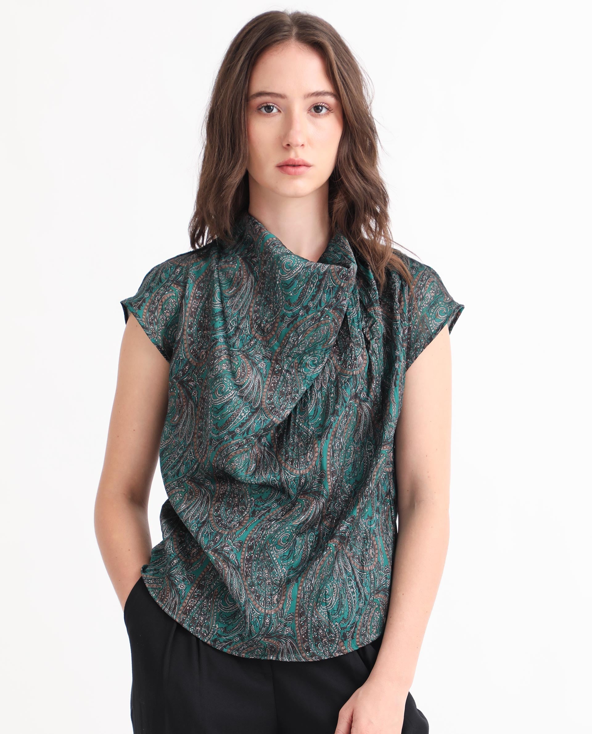 Rareism Women Jadeny Dark Green Polyester Fabric Short Sleeves Button Closure Cowl Neck Extended Sleeve Regular Fit Paisley Print Blouse Top