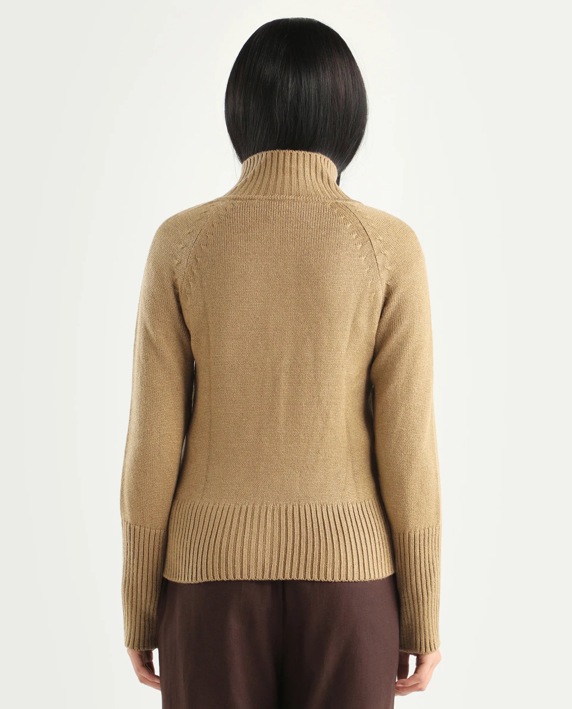 Rareism Women's Jaggero Dark Beige Acrylic High Neck Relaxed Fit Plain Jacket