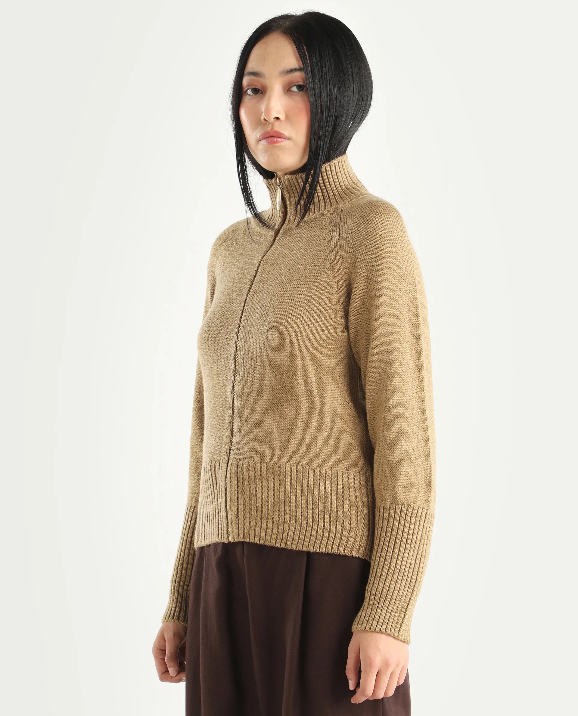 Rareism Women's Jaggero Dark Beige Acrylic High Neck Relaxed Fit Plain Jacket