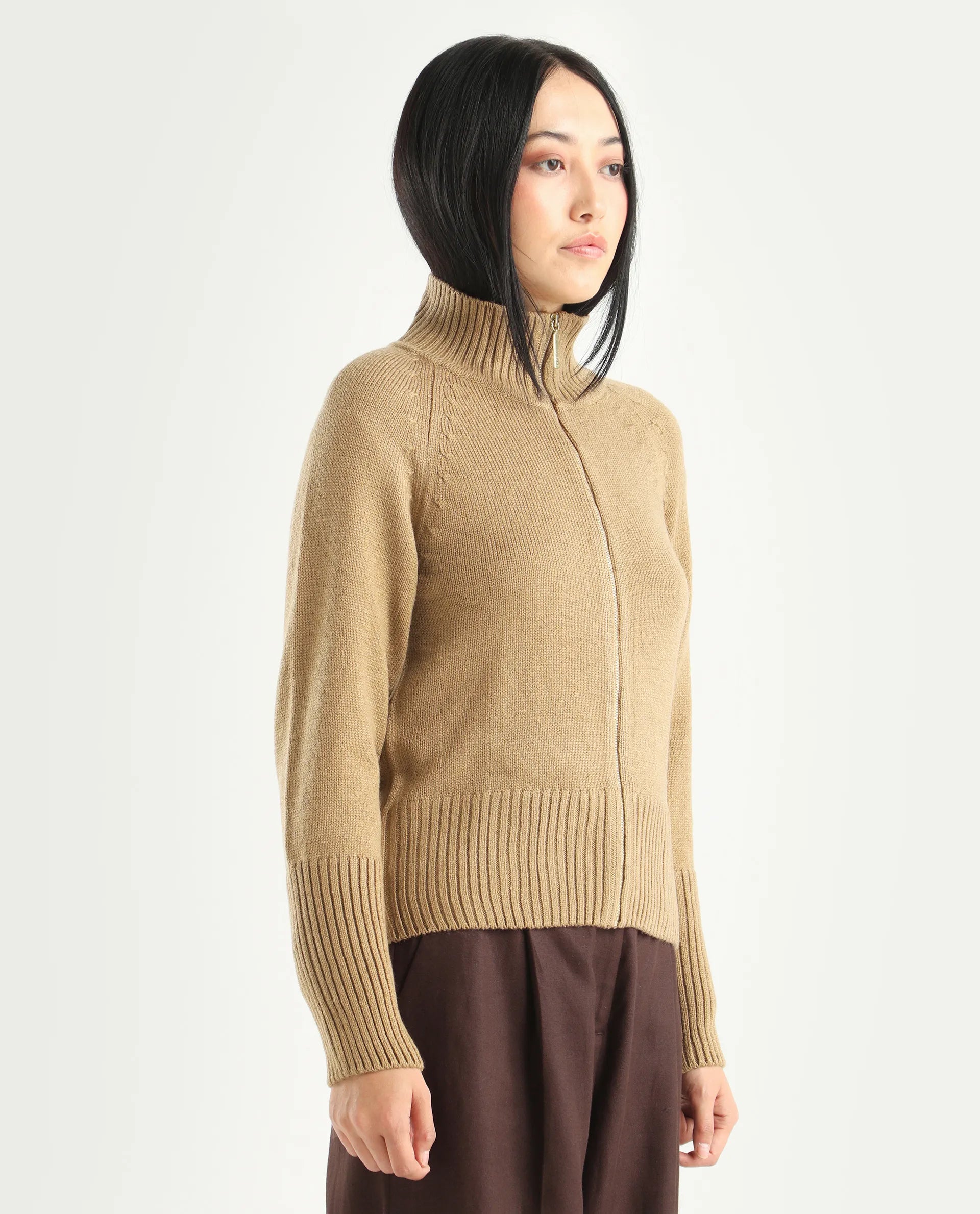 Rareism Women's Jaggero Dark Beige Acrylic High Neck Relaxed Fit Plain Jacket